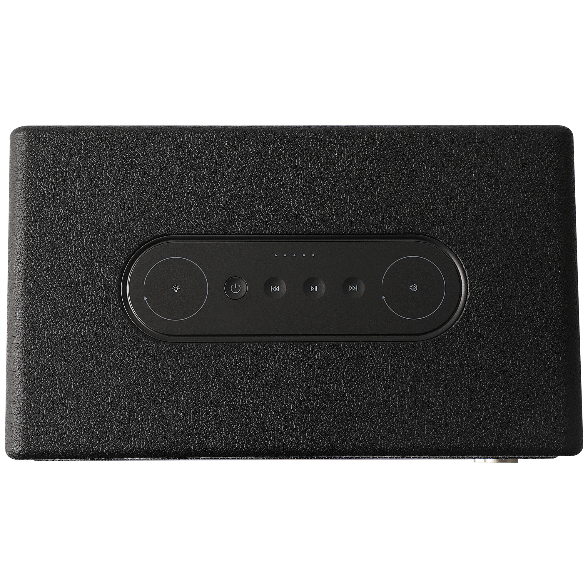 Czarny prostokątny głośnik z panelem sterowania. Panel posiada przyciski zasilania, głośności i odtwarzania.