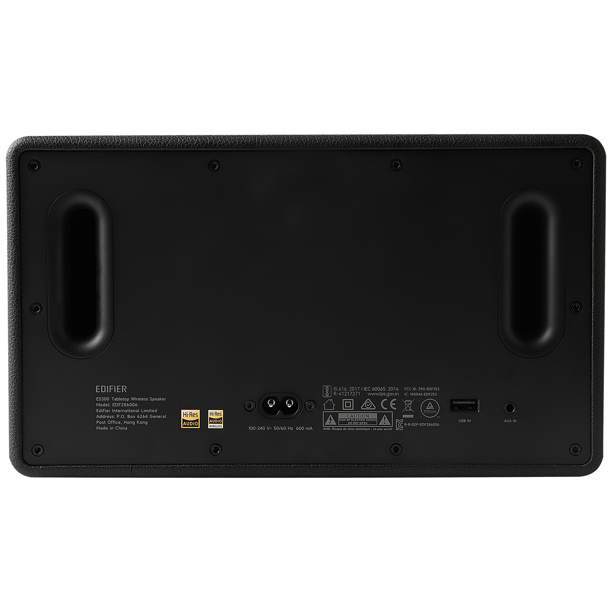 Czarny tył głośnika z dwoma dużymi portami, różnymi etykietami, wejściem zasilania, portami USB i AUX oraz logo Hi-Res Audio.