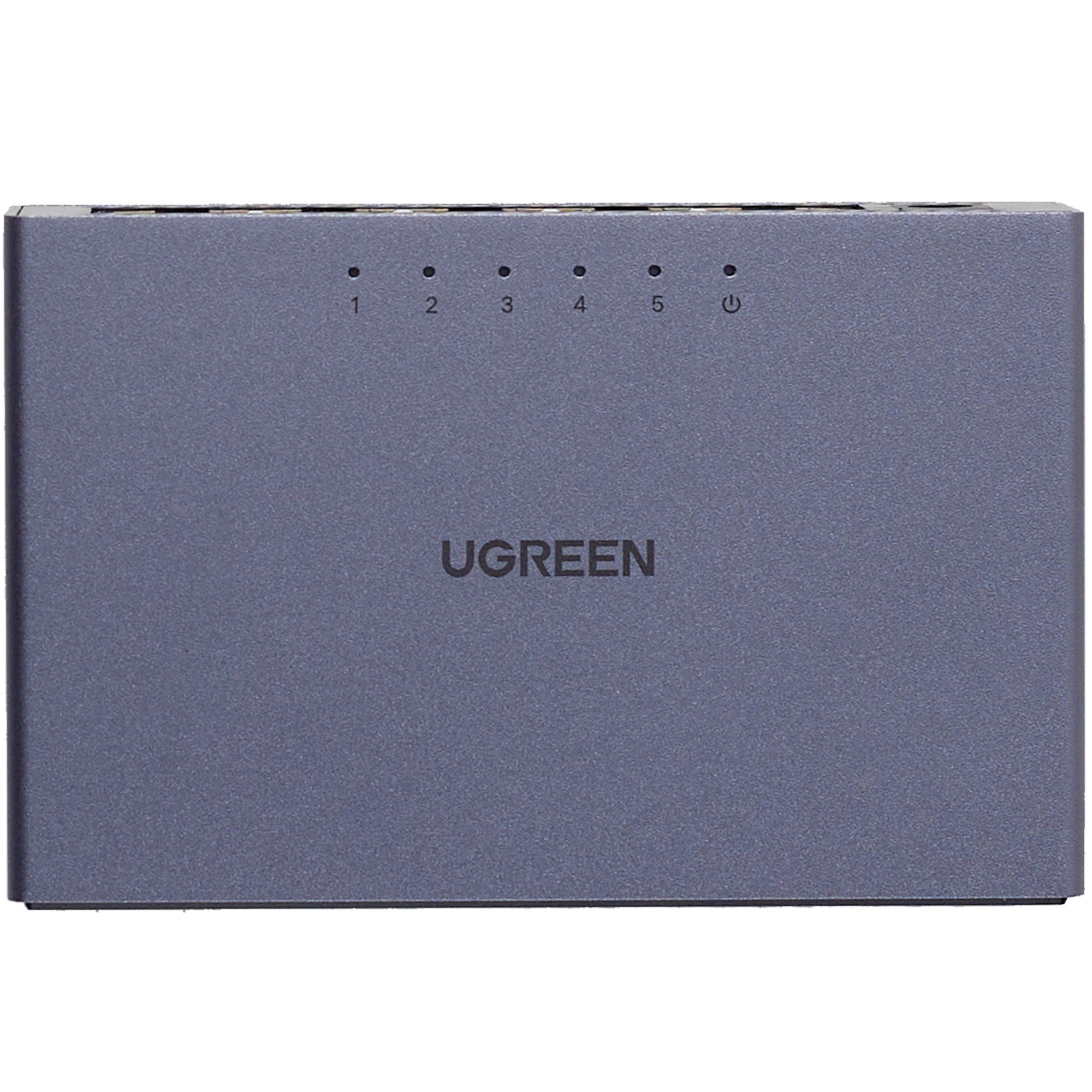 Szary przełącznik sieciowy UGREEN z pięcioma numerowanymi portami i wskaźnikiem zasilania.