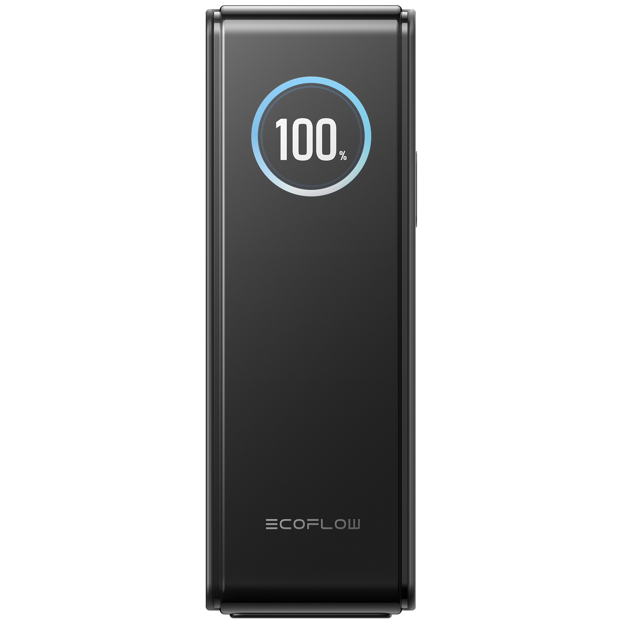 Czarna stacja zasilania EcoFlow z wyświetlaczem naładowania 100%. Białe tło. Logo na dole.