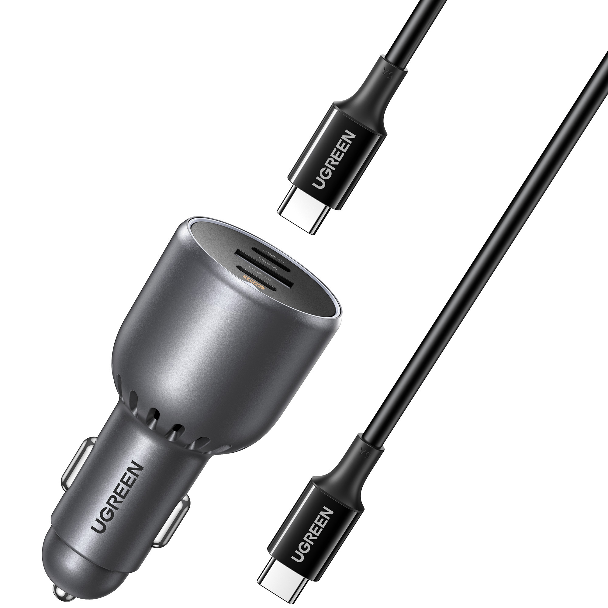 Ładowarka samochodowa UGREEN i dwa czarne kable USB-C. Ładowarka jest szara z portami USB. Białe tło.