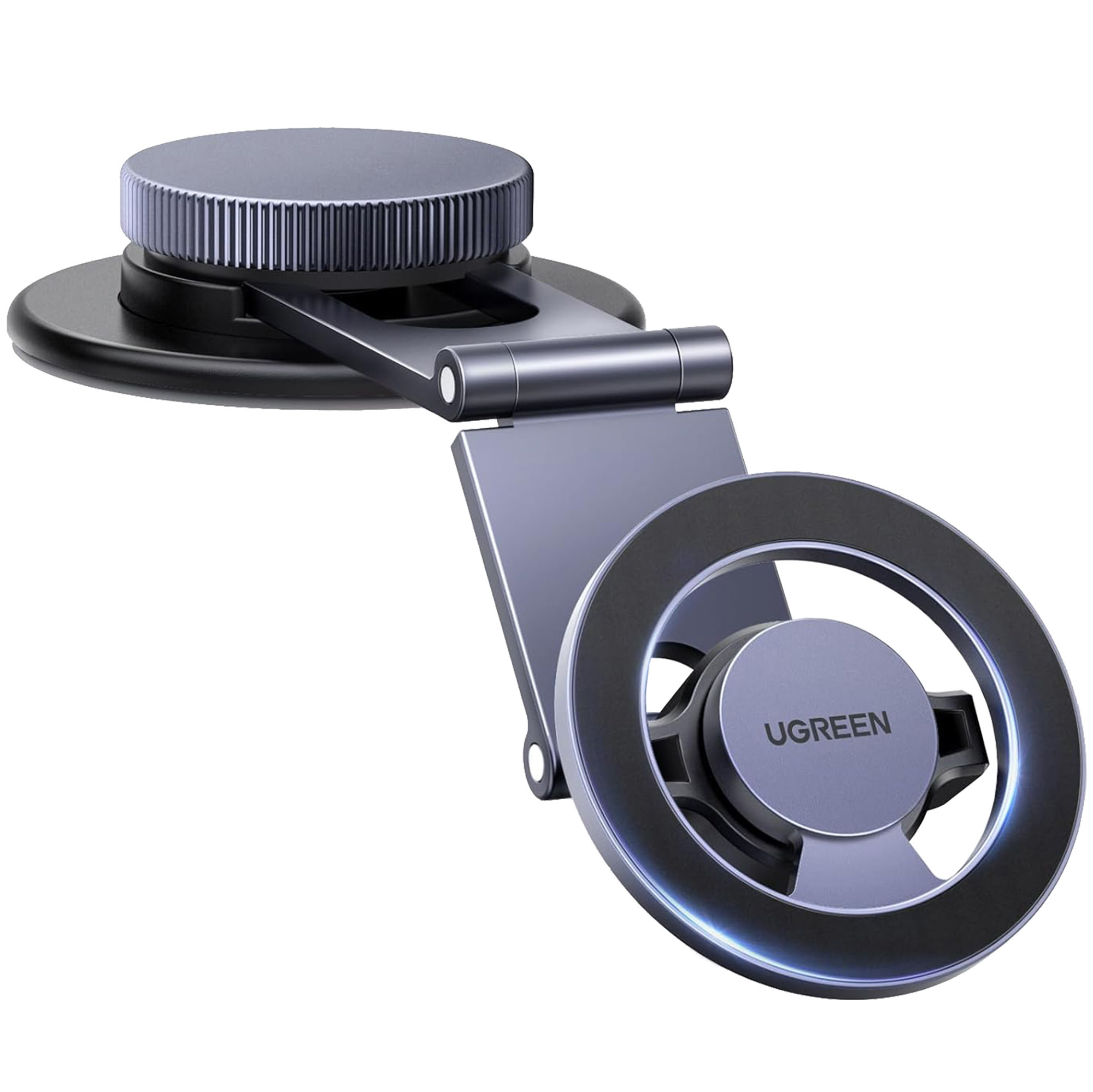 Szary uchwyt samochodowy UGREEN z okrągłą podstawą, regulowanym ramieniem i pierścieniem do telefonu.