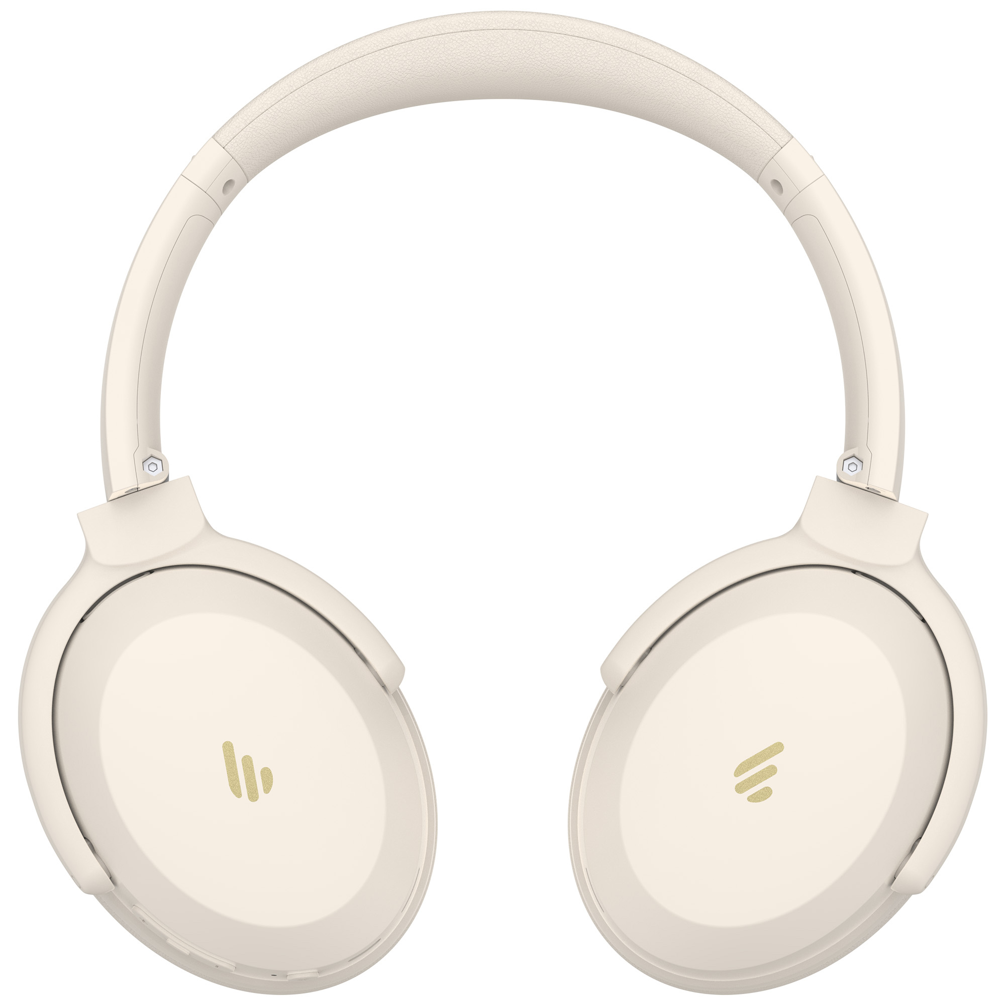 Kremowe słuchawki na białym tle. Słuchawki mają pałąk i nauszniki, z logo na każdym nauszniku.