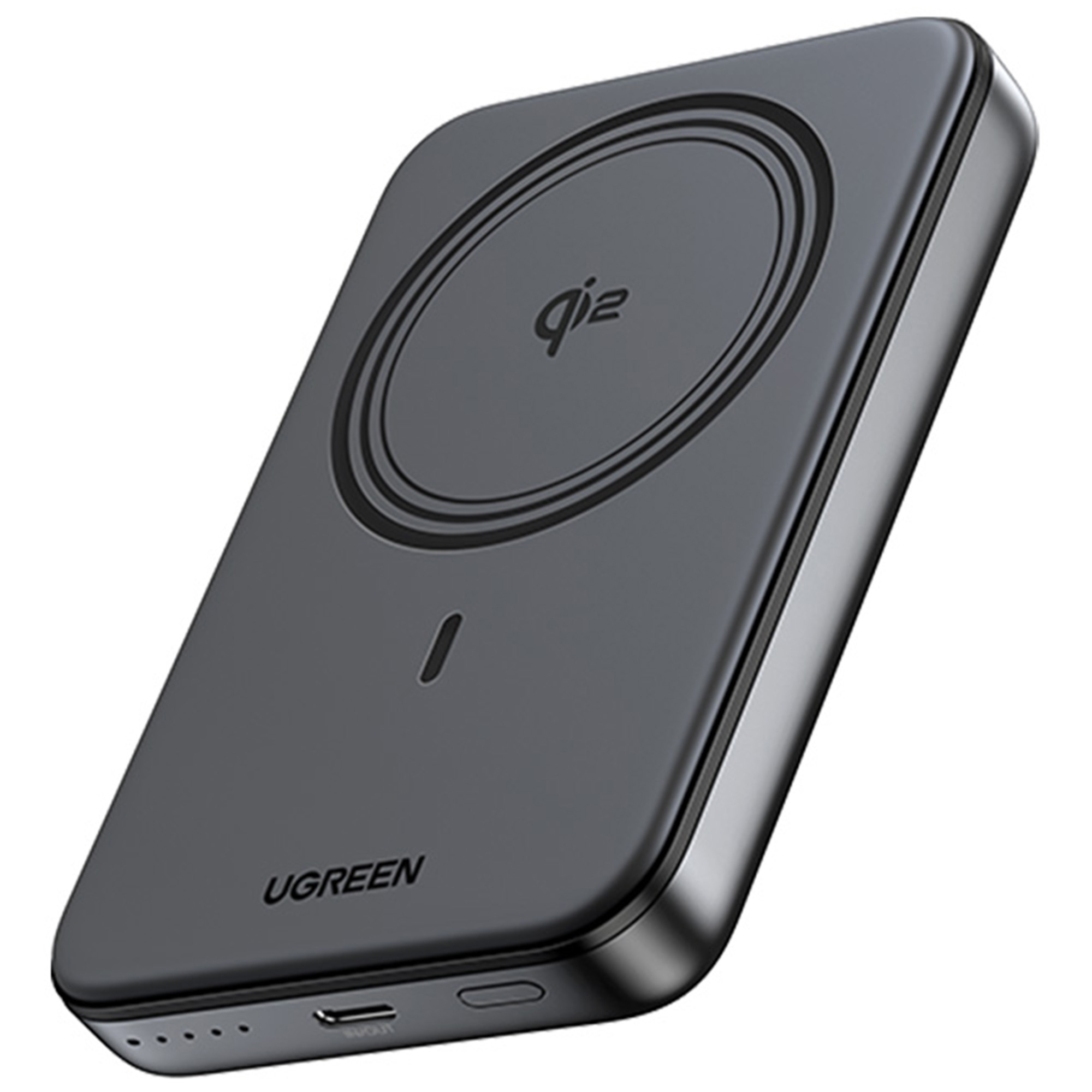 Ciemnoszara ładowarka bezprzewodowa UGREEN. Posiada okrągły obszar ładowania z logo Qi. Urządzenie jest prostokątne.