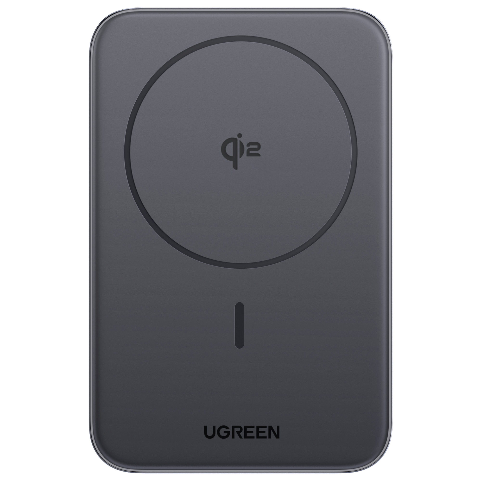 Ciemnoszara ładowarka bezprzewodowa UGREEN. Ma okrągłą podkładkę, pionową linię i nazwę marki na dole.