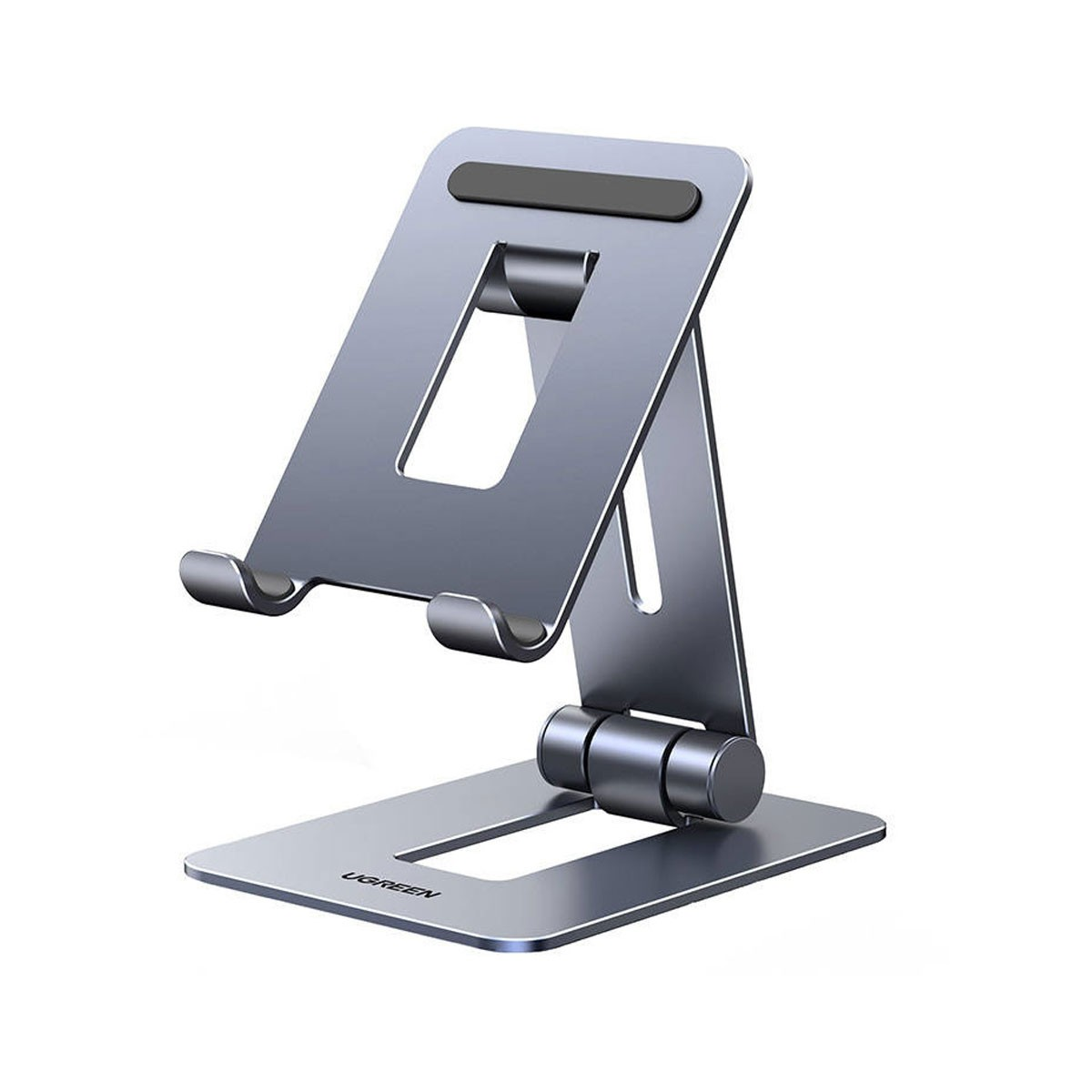 Srebrny stojak na telefon UGREEN. Ma regulowany kąt, prostokątną podstawę i ramię podtrzymujące z wycięciem.