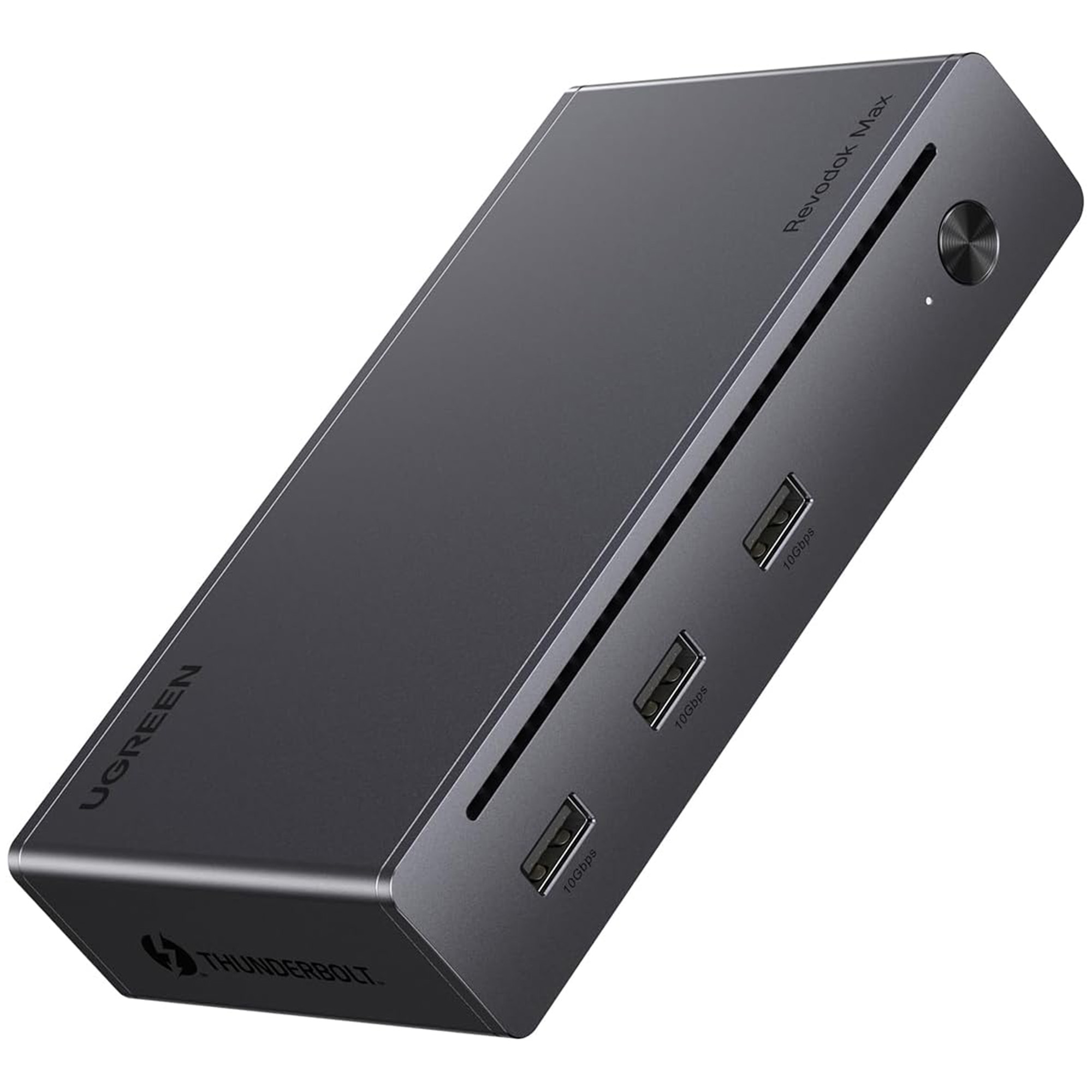 Ciemnoszara stacja dokująca UGREEN Revodok Max. Posiada wiele portów USB i logo Thunderbolt.