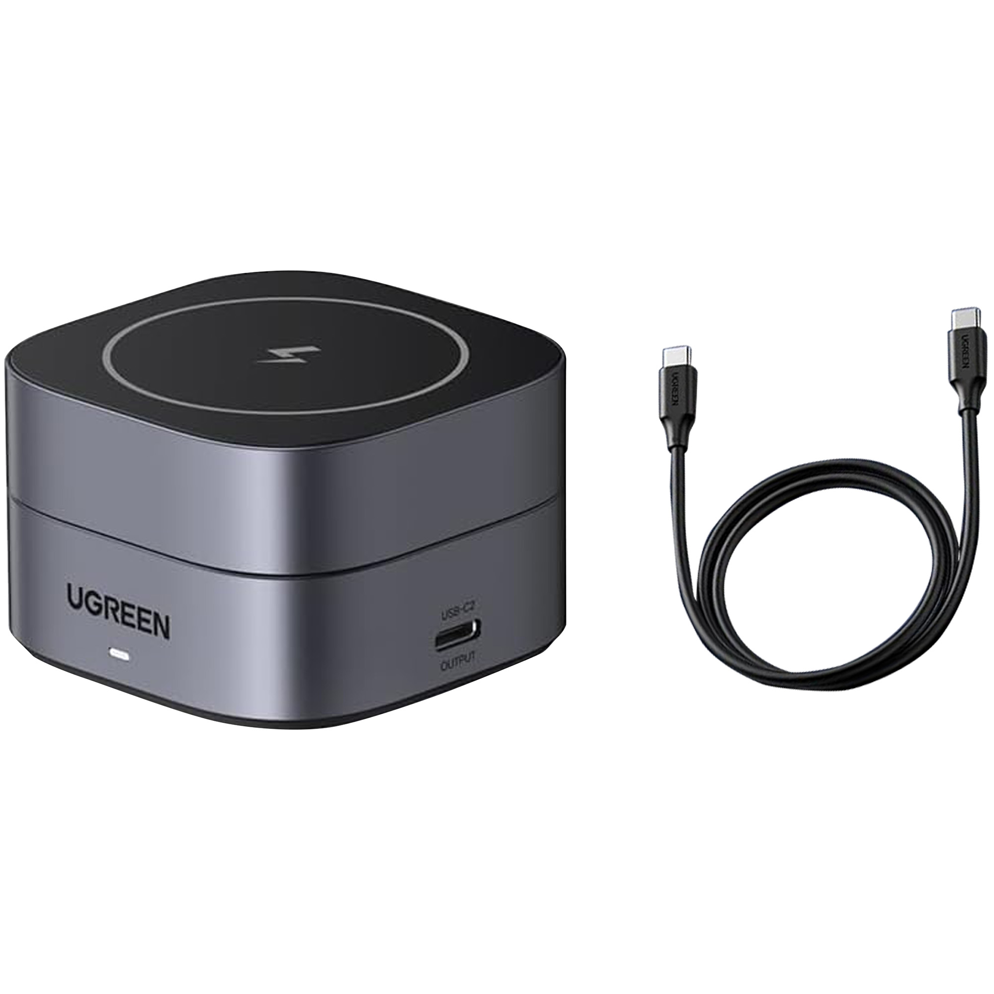 Szara ładowarka bezprzewodowa UGREEN z czarnym wierzchem i czarnym kablem USB-C.