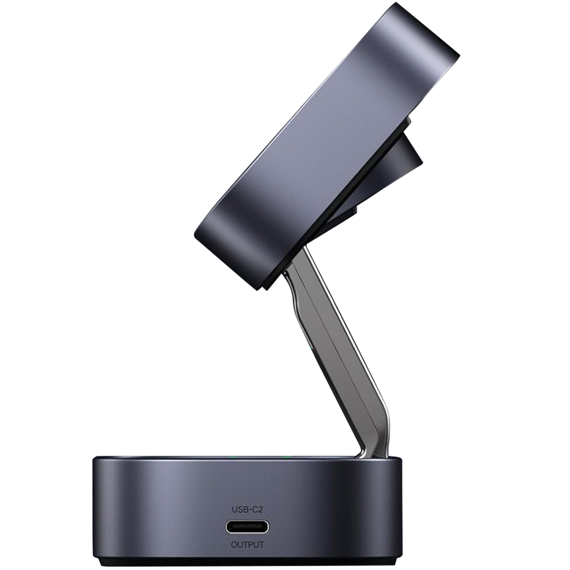 Ciemnoszara ładowarka bezprzewodowa ze stojakiem. Posiada port USB-C, zielone światło i słowo output.