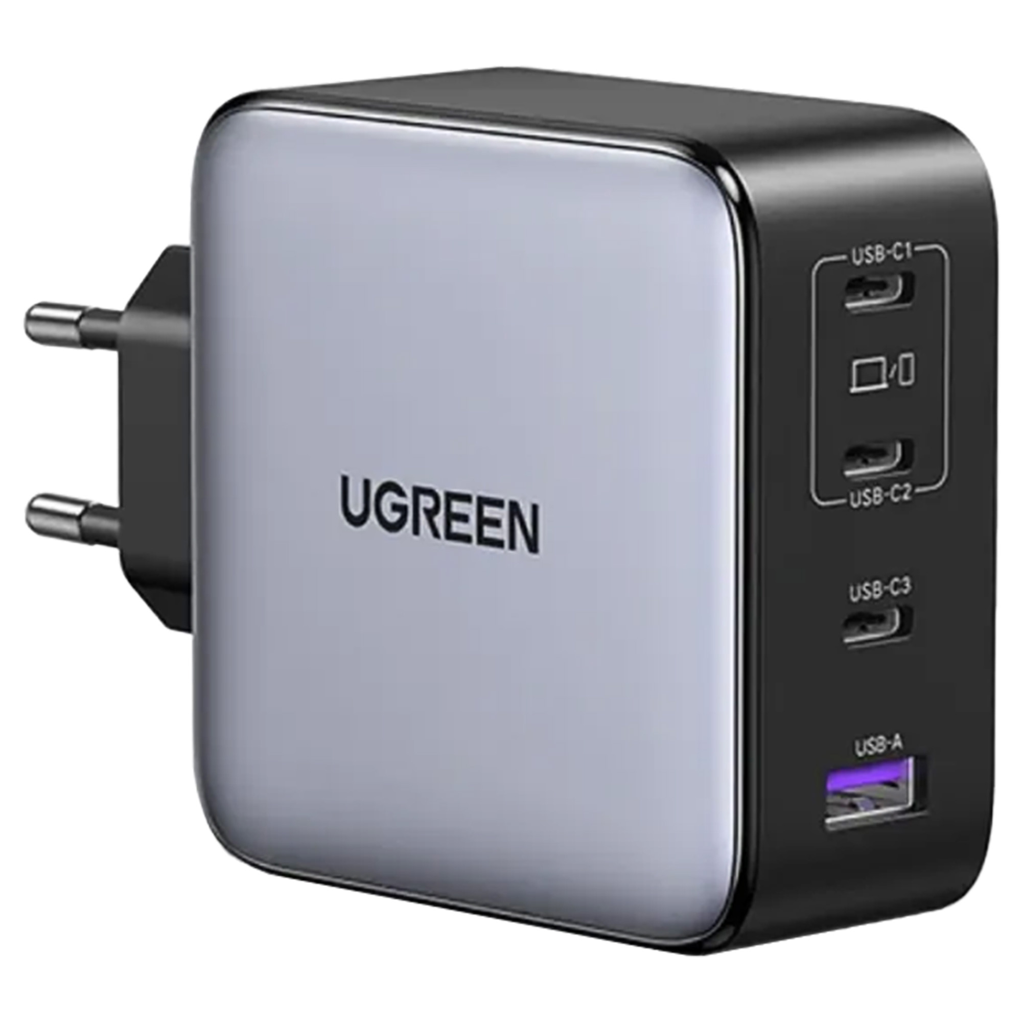 Ładowarka USB UGREEN. Jest czarna i szara, z wieloma portami USB. Dołączona jest wtyczka.