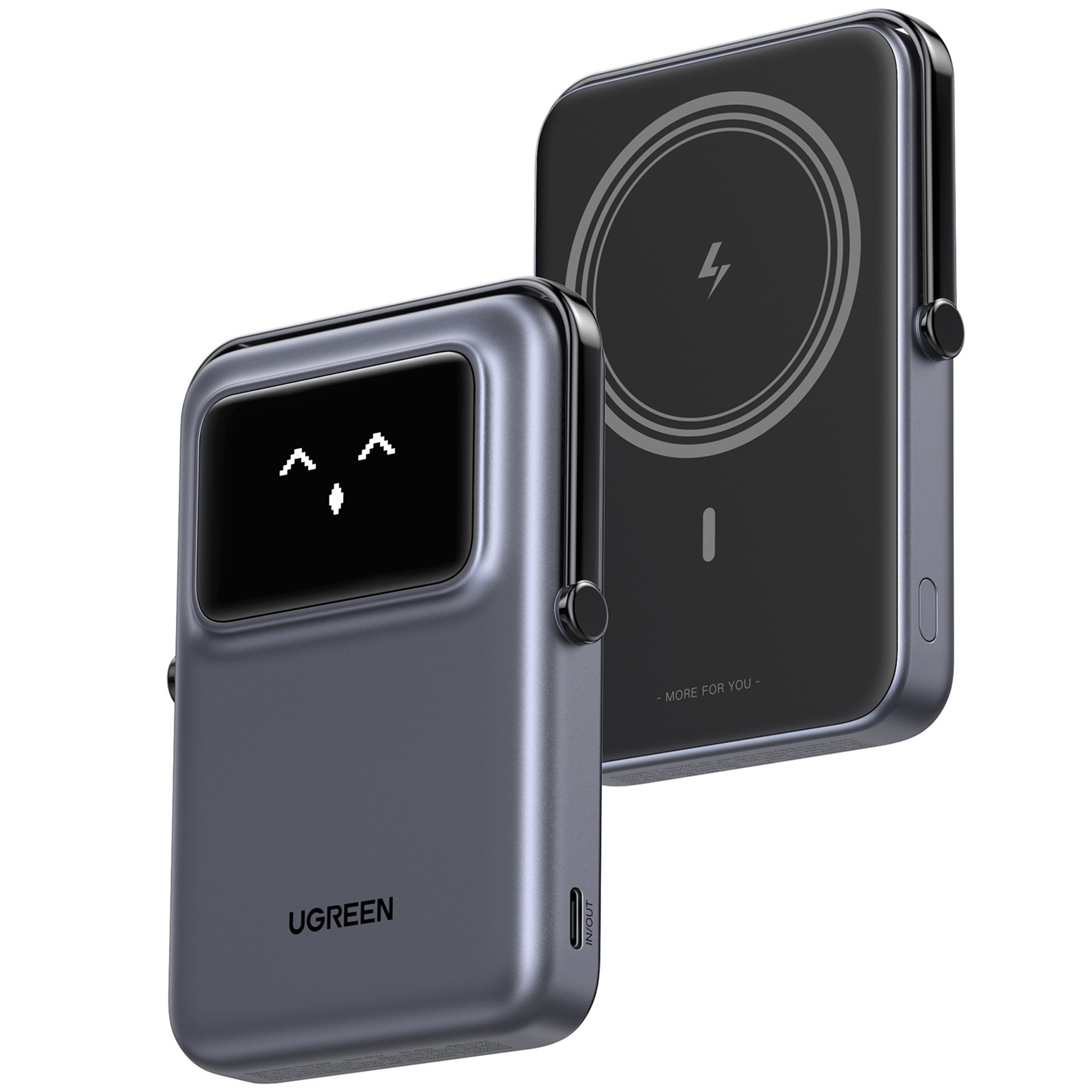 Dwa szare powerbanki. Jeden ma uśmiechniętą buzię na ekranie. Drugi pokazuje symbol ładowania bezprzewodowego.