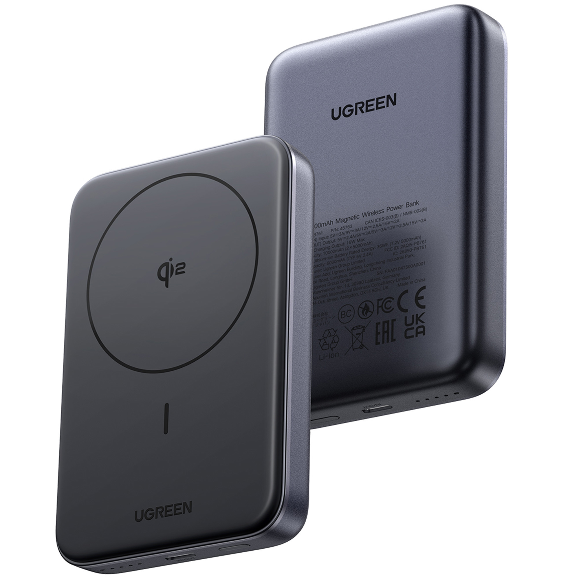 Dwa bezprzewodowe power banki UGREEN. Jeden pokazuje logo Qi, a drugi informacje o produkcie.