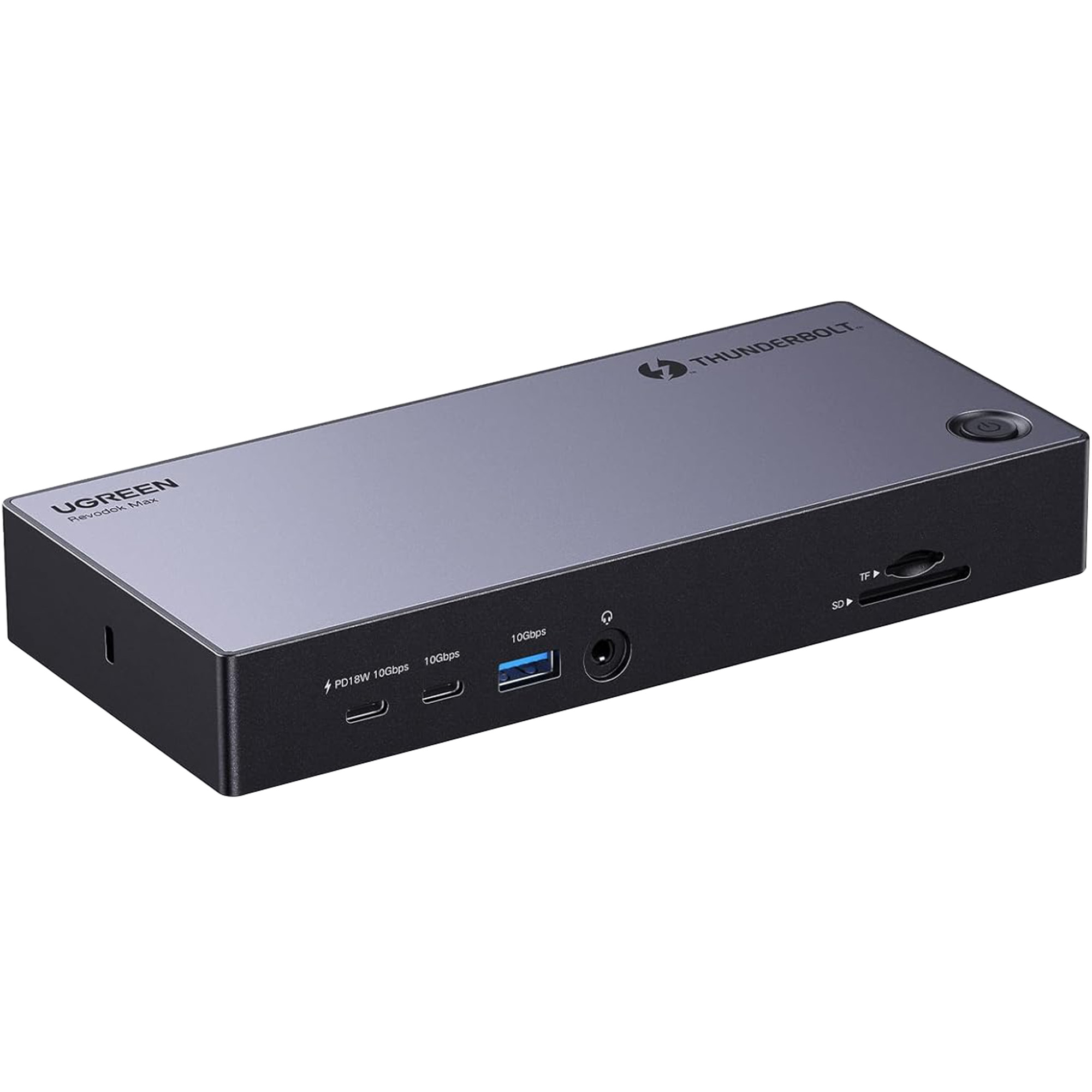 Stacja dokująca UGREEN Revodok Max. Czarna i szara z portami do połączeń i przyciskiem zasilania.