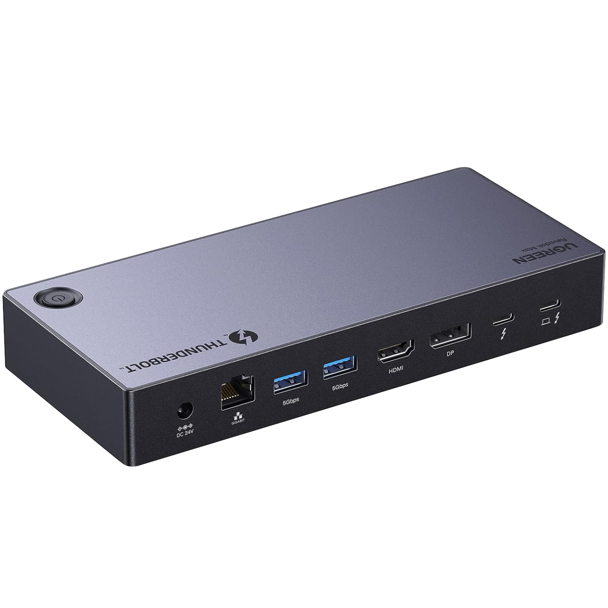 Stacja dokująca UGREEN Thunderbolt z wieloma portami, w tym USB, HDMI i Ethernet, na białym tle.