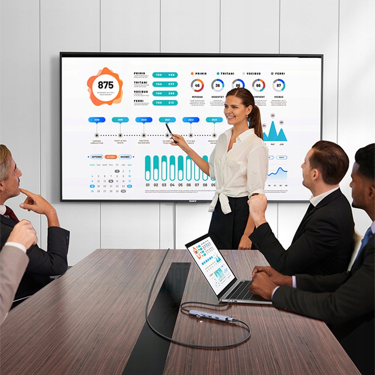 Kobieta prezentuje dane na ekranie kolegom. Na stole jest laptop. Ekran wyświetla wykresy i liczby. Tło jest białe.