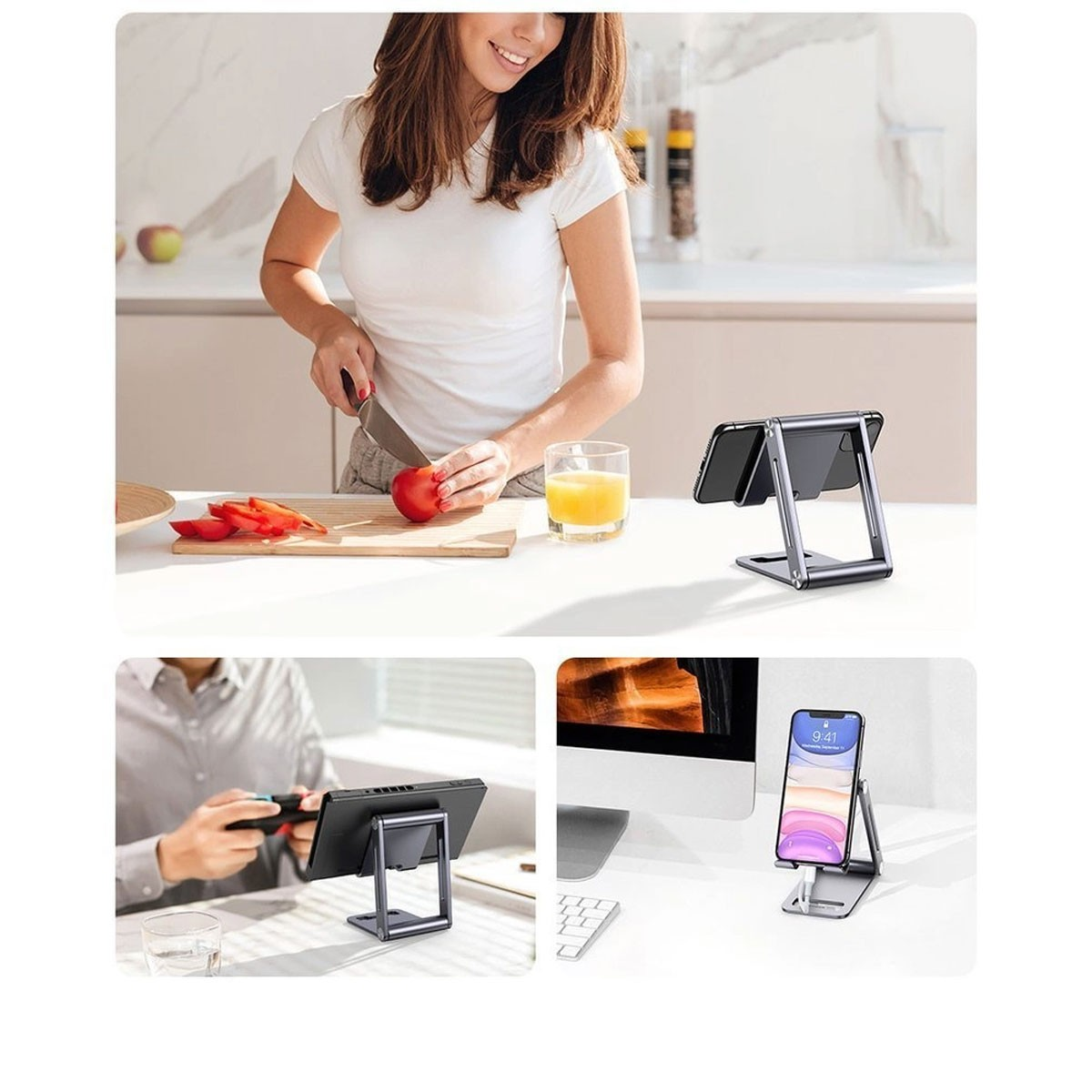 Kobieta kroi pomidora w kuchni. Stojaki na telefony są wyświetlane z telefonami i tabletem.