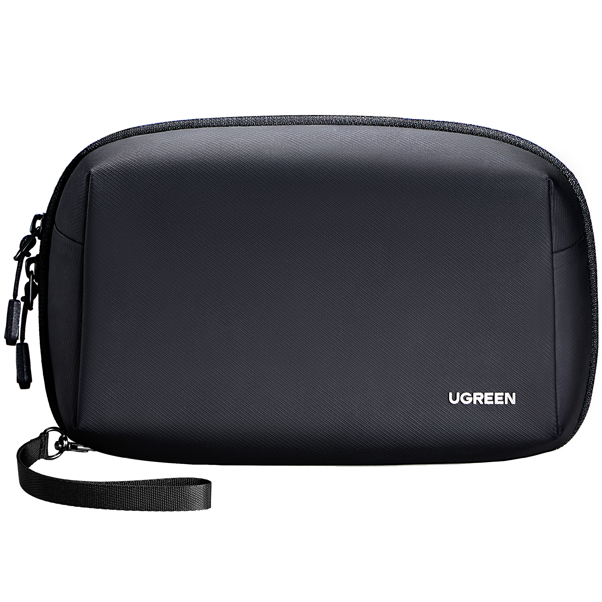 Czarna kosmetyczka podróżna UGREEN. Ma uchwyt i zamek błyskawiczny z boku. Powierzchnia jest teksturowana.