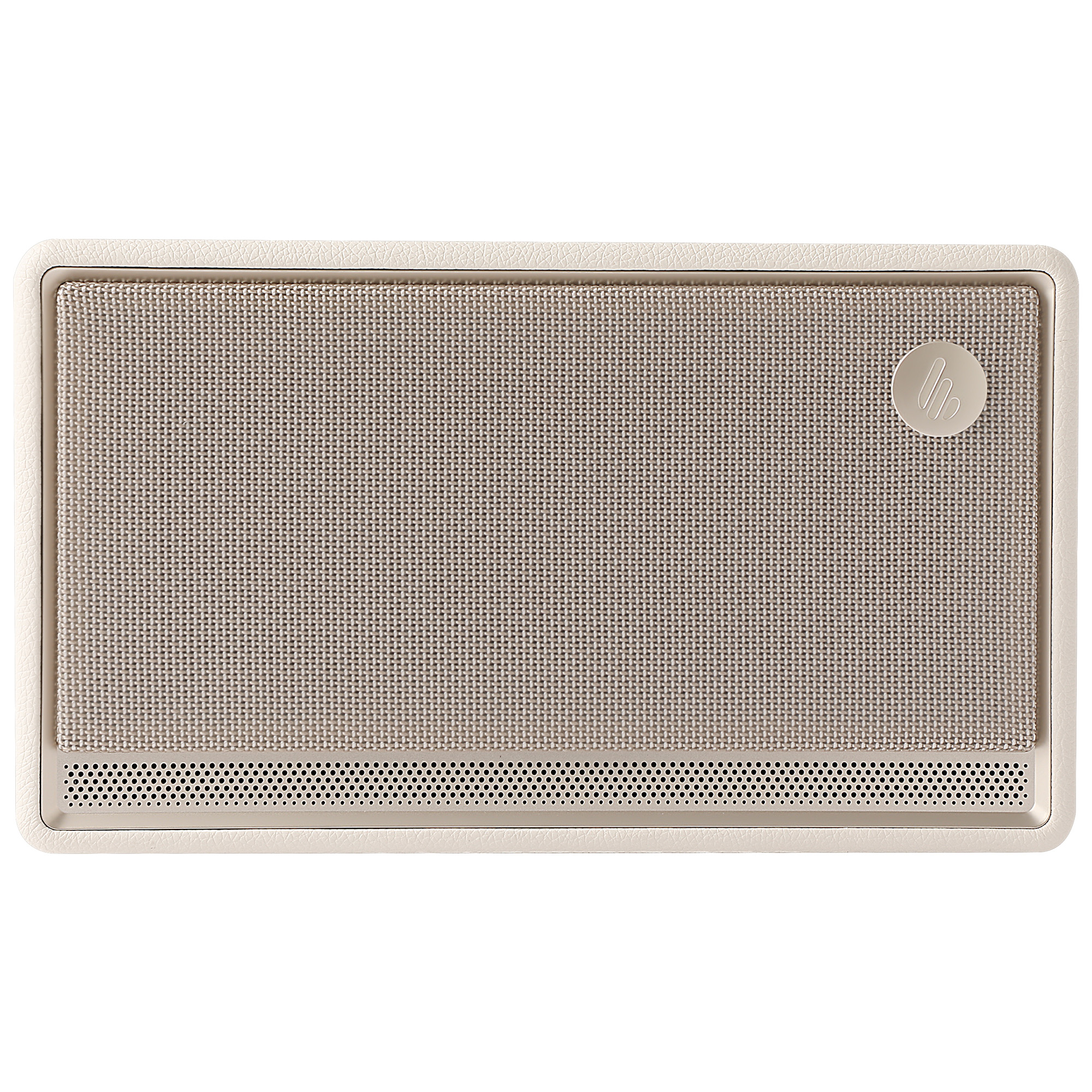 Prostokątny głośnik z jasnobeżową ramką. Beżowa osłona głośnika z siatki. Małe, okrągłe logo w prawym górnym rogu.