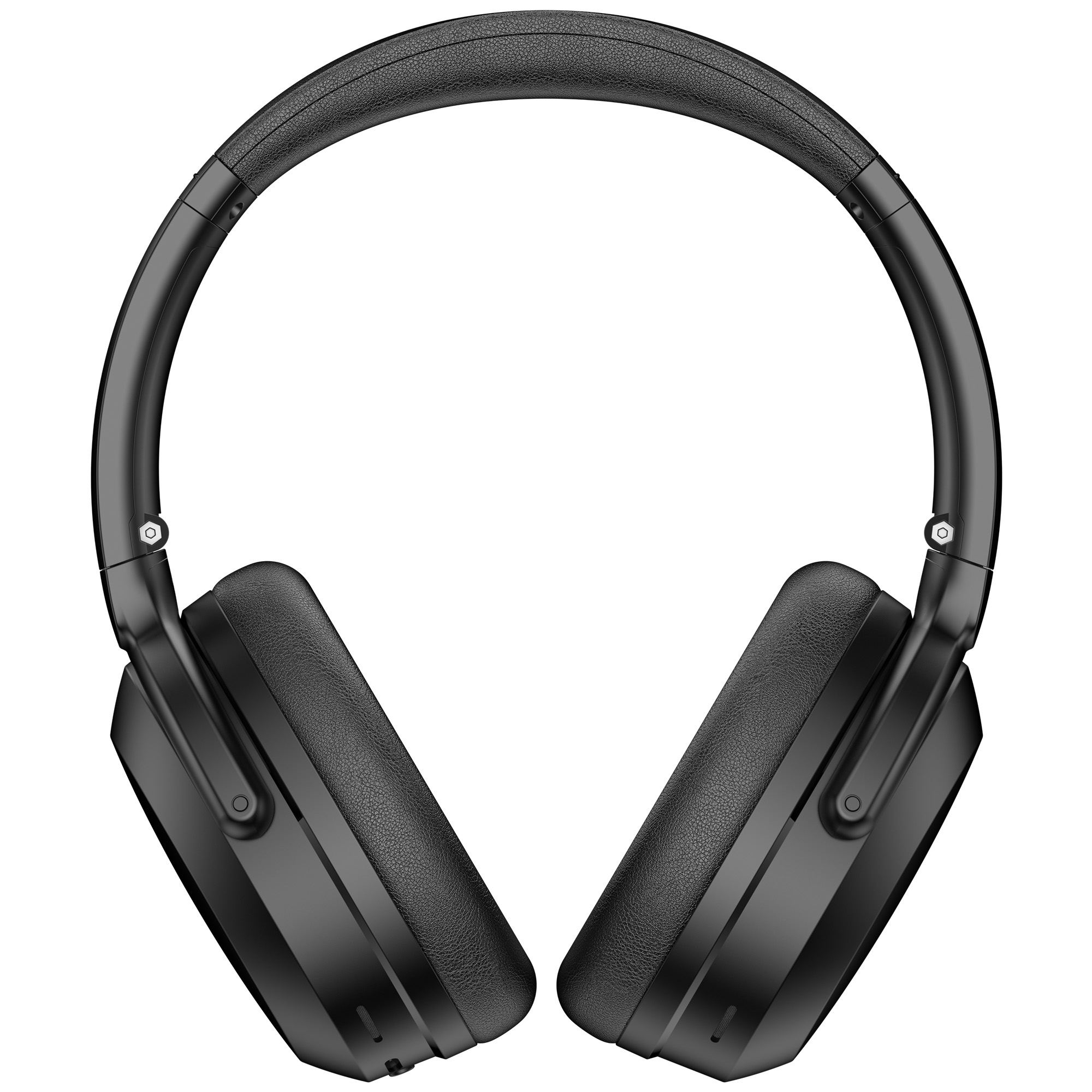 Czarne słuchawki z wyściełanym pałąkiem i nausznikami. Tło jest białe.