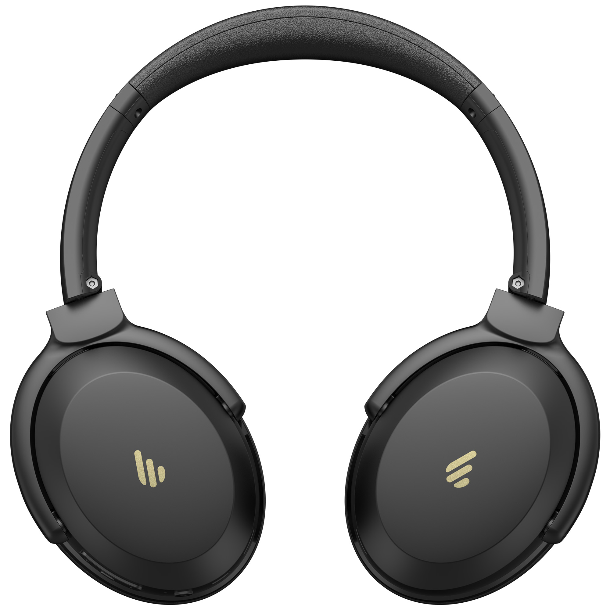 Czarne słuchawki ze złotym logo na nausznicach. Wyściełany pałąk i nausznice. Izolowane na białym tle.