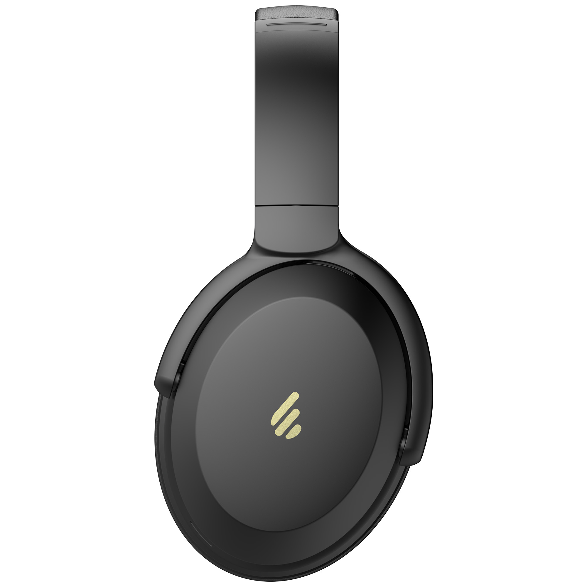Czarne słuchawki nauszne ze złotym logo na nauszniku, na białym tle.