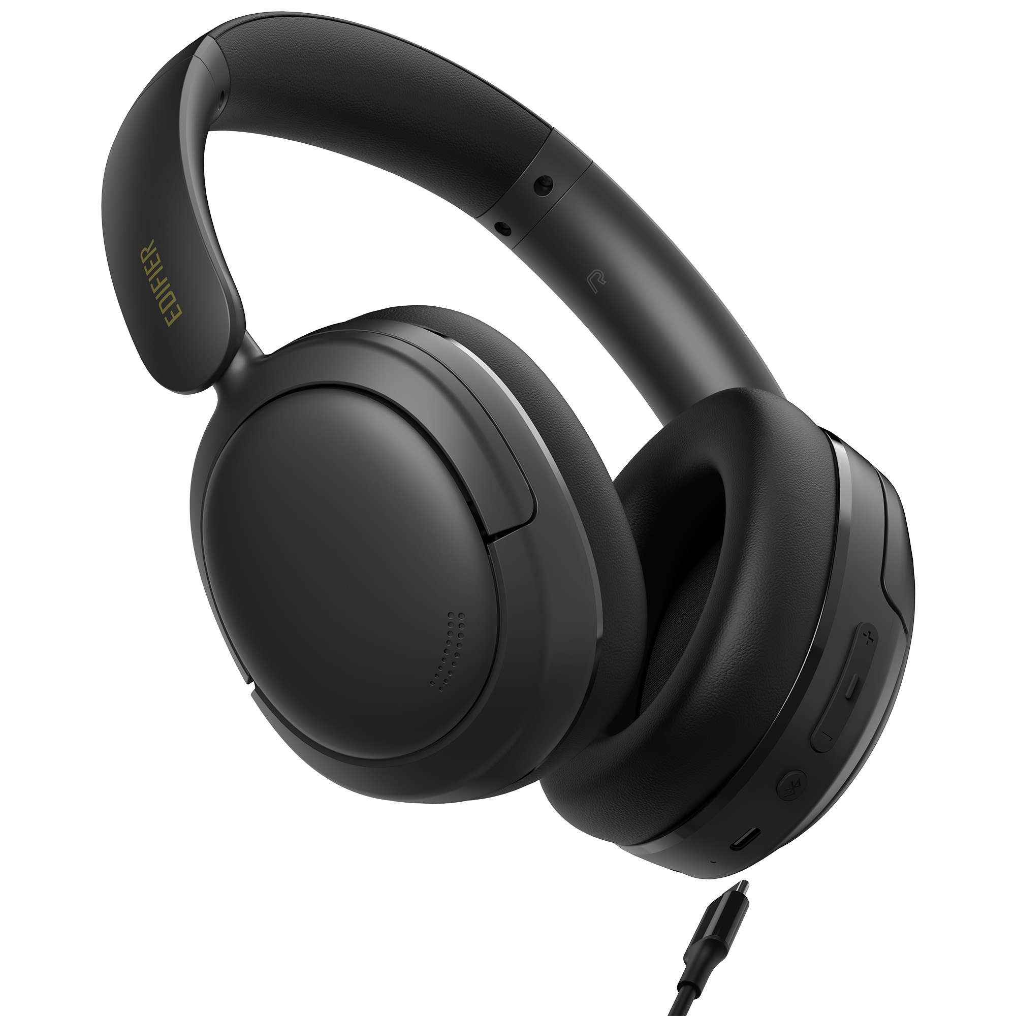 Czarne słuchawki Edifier z kablem, na białym tle. Słuchawki są obrócone w prawo.