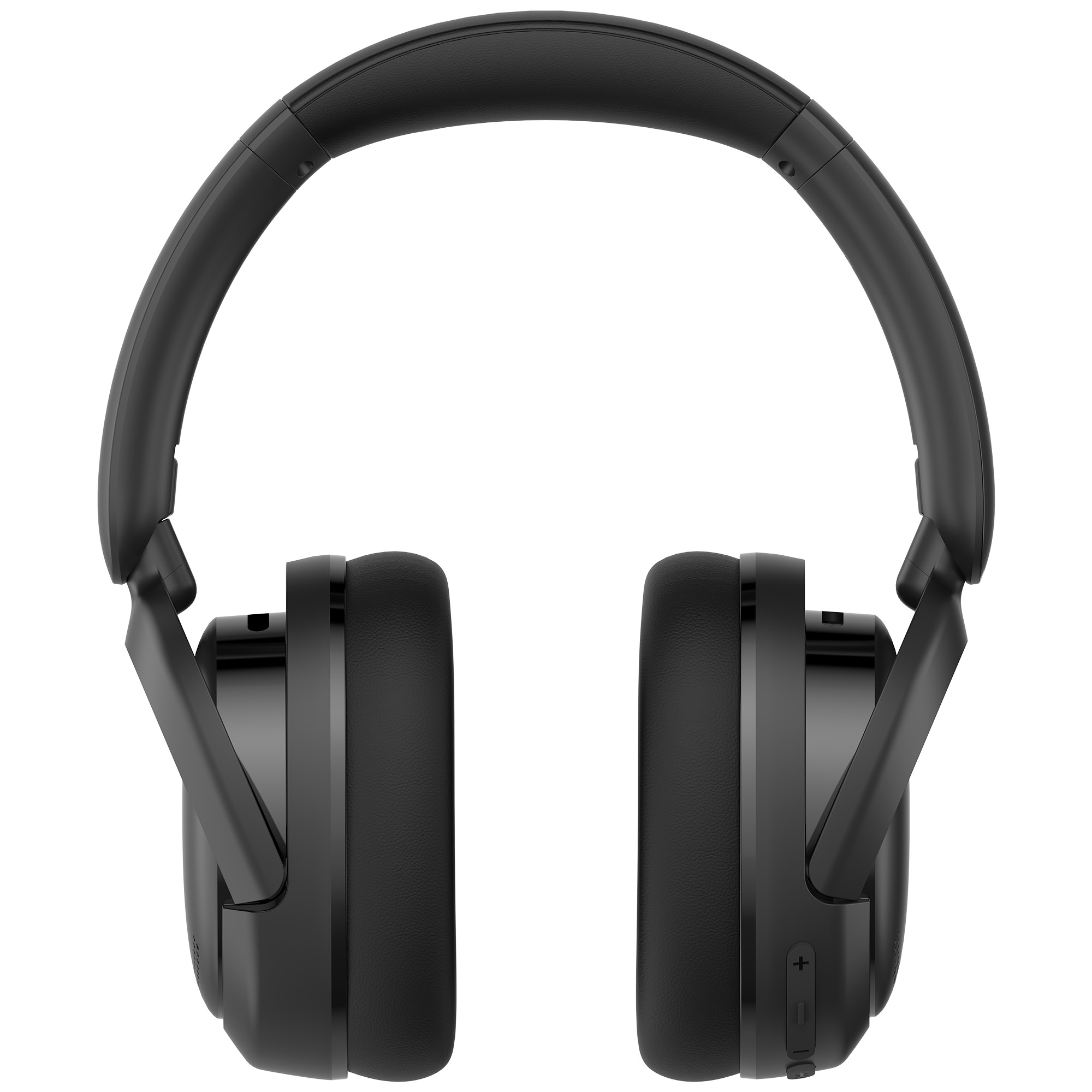 Czarne słuchawki na białym tle. Słuchawki nauszne z wyściełanym pałąkiem i nausznicami.