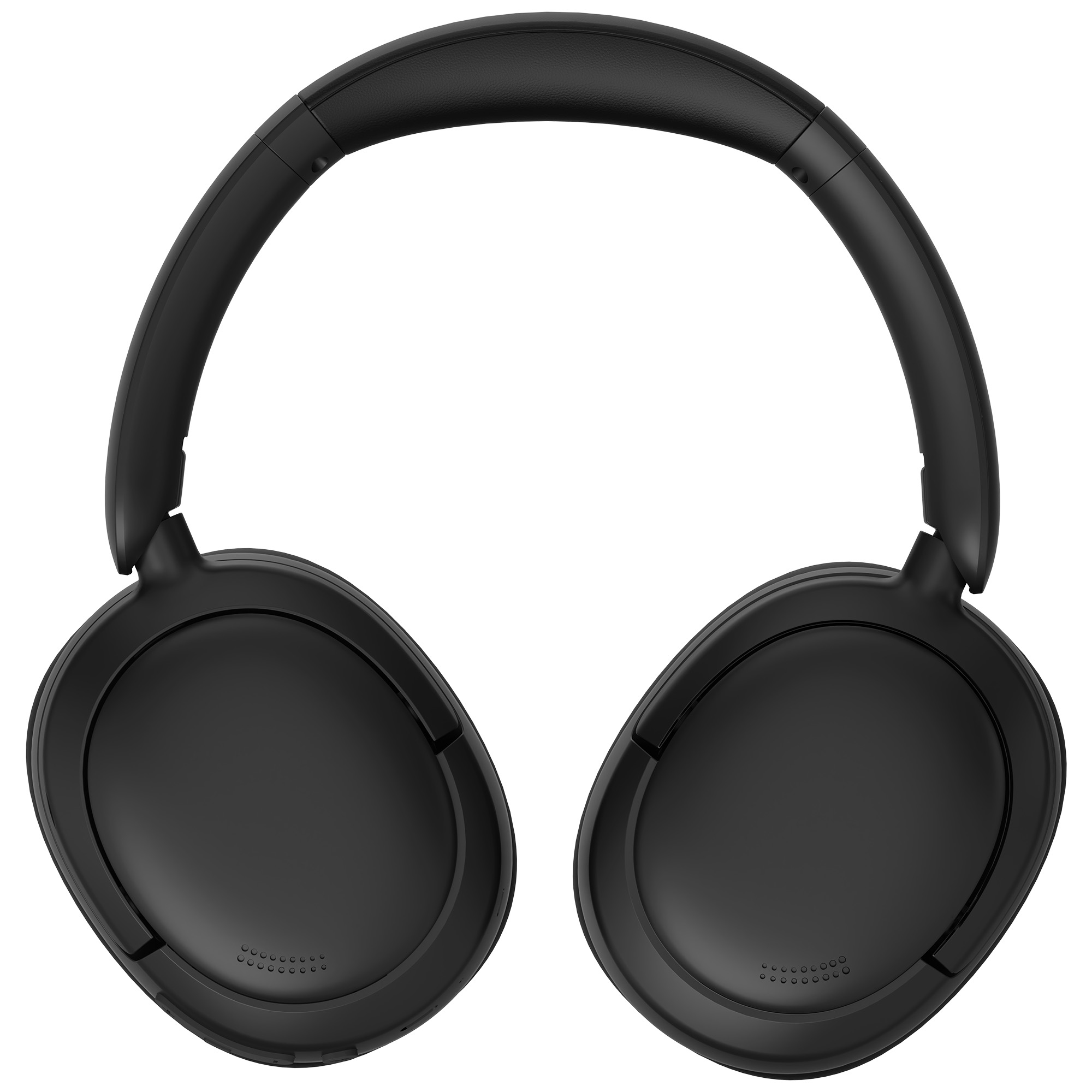 Czarne słuchawki na białym tle. Mają zakrzywiony pałąk i dwie muszle uszne.