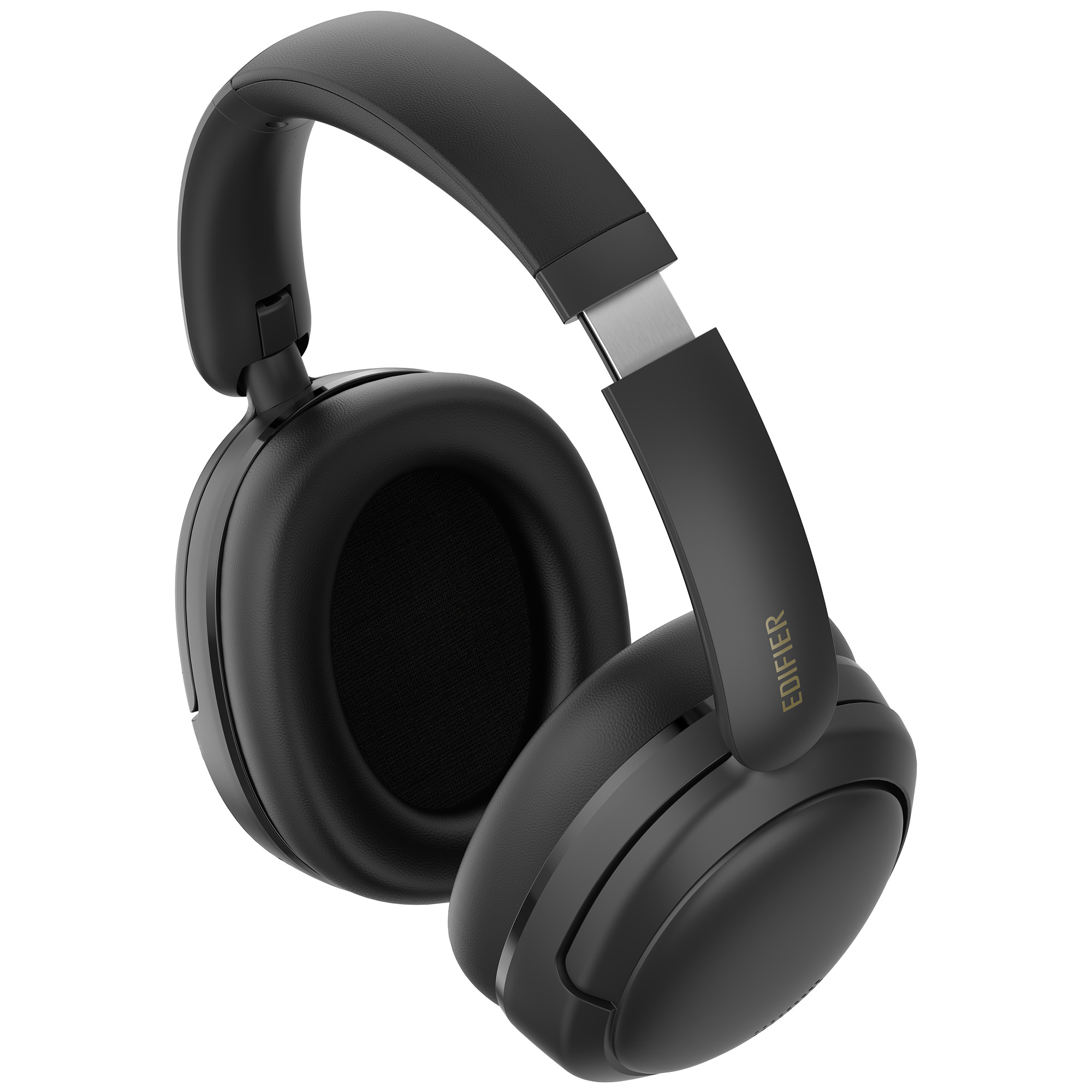 Czarne słuchawki Edifier na białym tle. Słuchawki są w stylu nausznym ze złotym logo z boku.