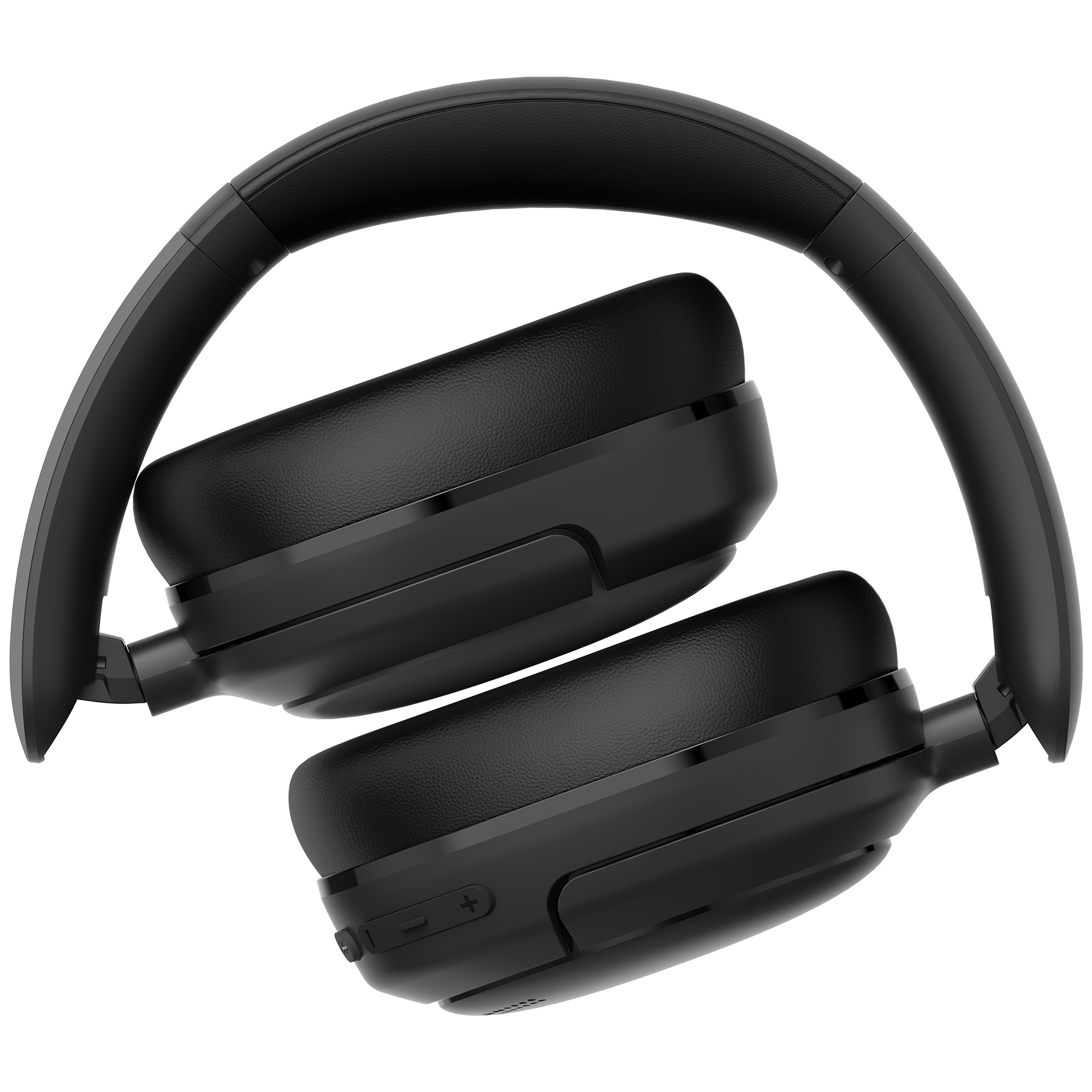 Czarne słuchawki na białym tle. Słuchawki są złożone. Przyciski są widoczne na nauszniku.