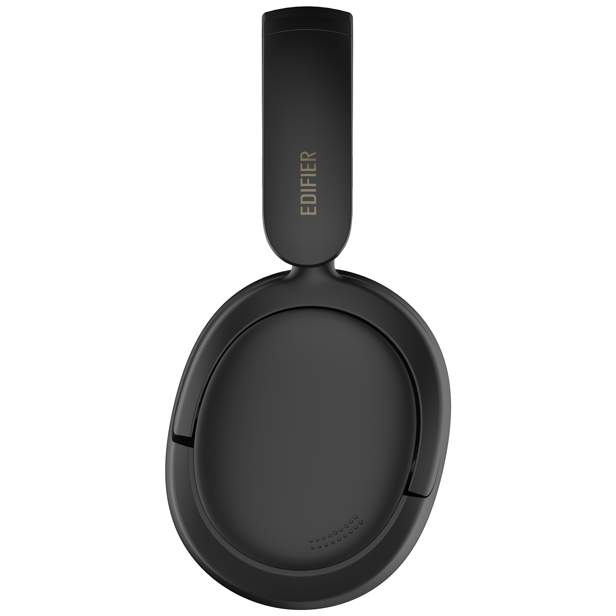 Czarne słuchawki Edifier z nazwą marki na pałąku, widok z góry. Izolowane na białym tle.