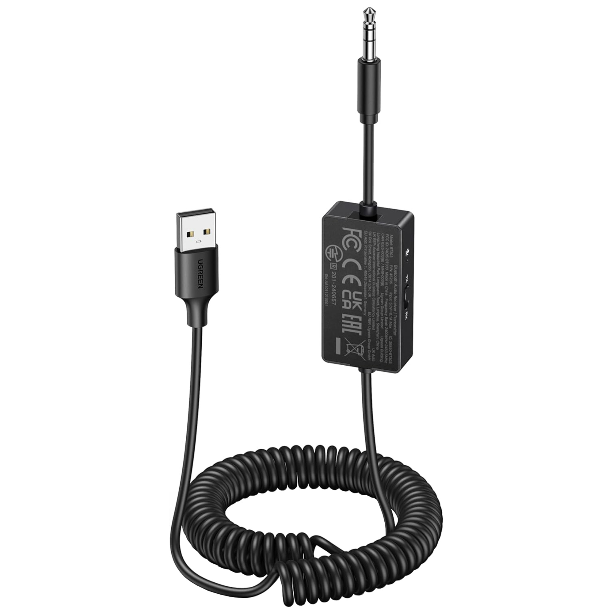 Czarny adapter audio z wtyczką USB, gniazdem 3,5 mm i kablem spiralnym.