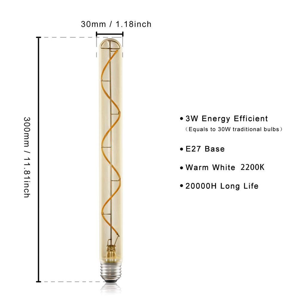 Podłużna żarówka z wymiarami i specyfikacjami: 3W, gwint E27, ciepła biel i żywotność 20000H, na białym tle.
