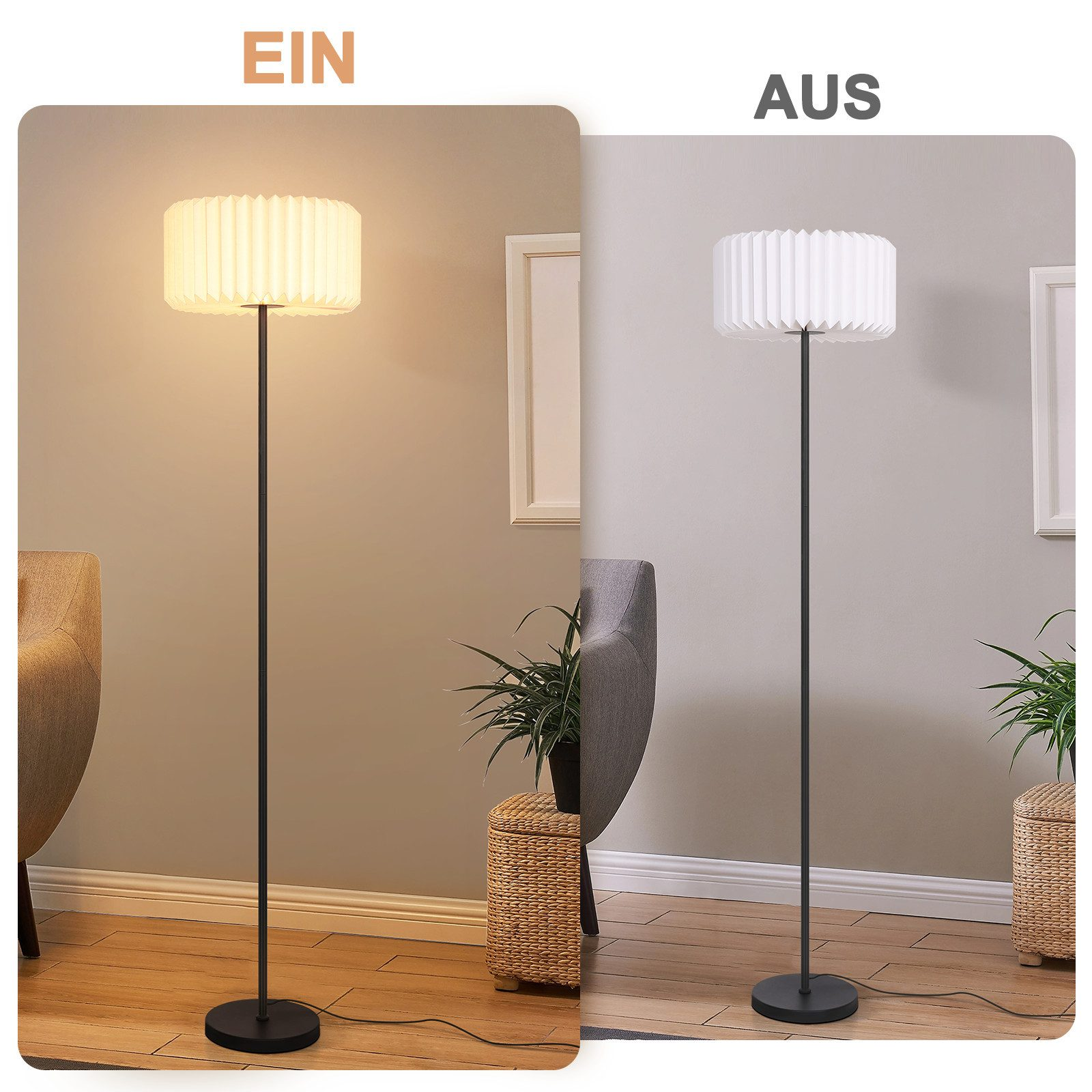 Eine Stehlampe ist ein- und ausgeschaltet und zeigt zwei Seiten. Die eingeschaltete Seite hat einen beleuchteten Lampenschirm, die ausgeschaltete Seite hat einen weißen Lampenschirm.