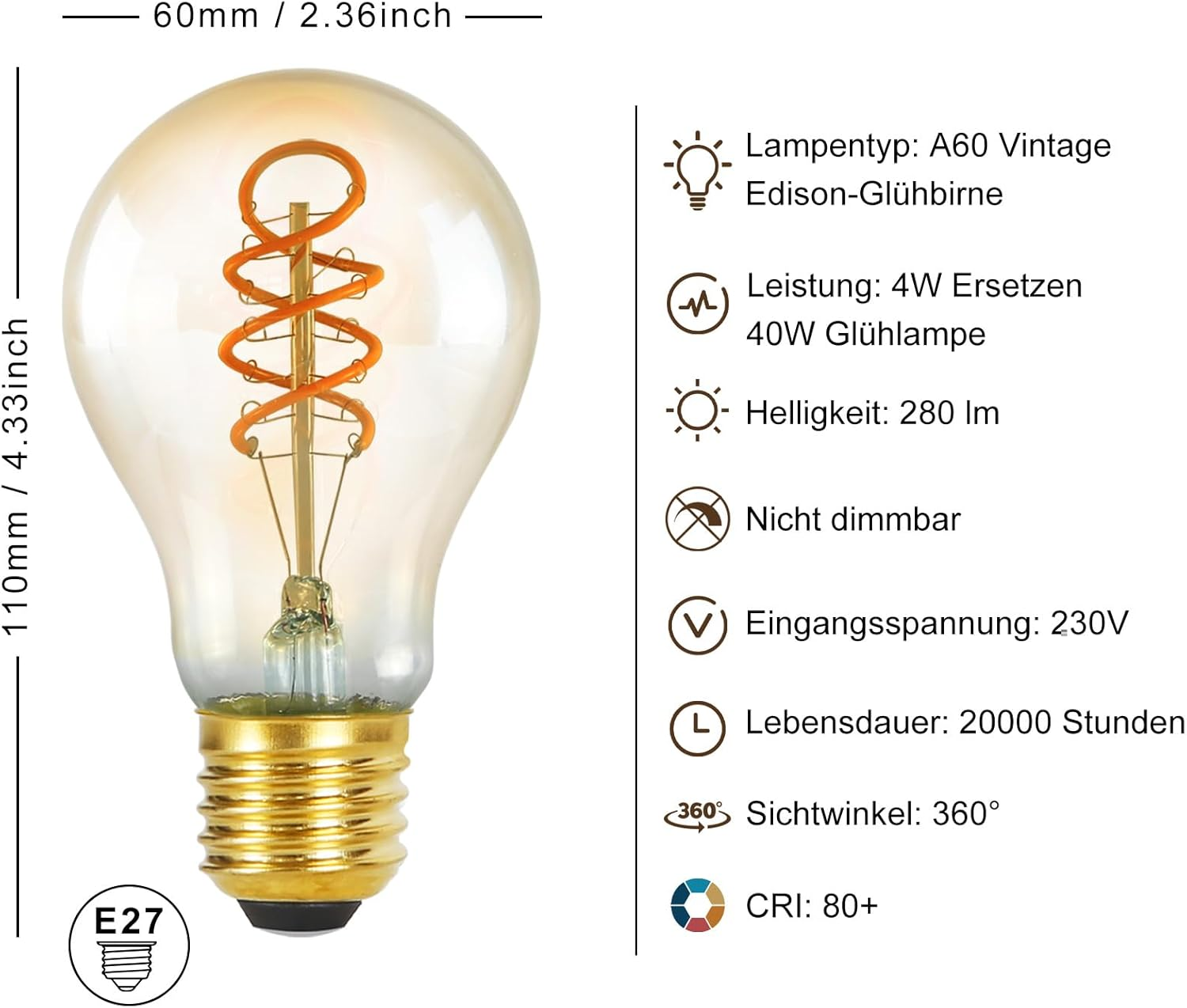 Żarówka w stylu vintage ze spiralnym żarnikiem. Tekst zawiera specyfikacje: moc, jasność i żywotność. Wymiary są widoczne.