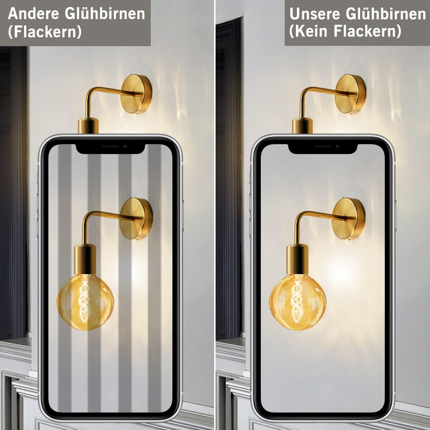 Dwa telefony wyświetlają lampy, jedna migocze, druga stabilna. Lampy są złote, z okrągłymi żarówkami. Tło to ściana z listwami i tekstem.