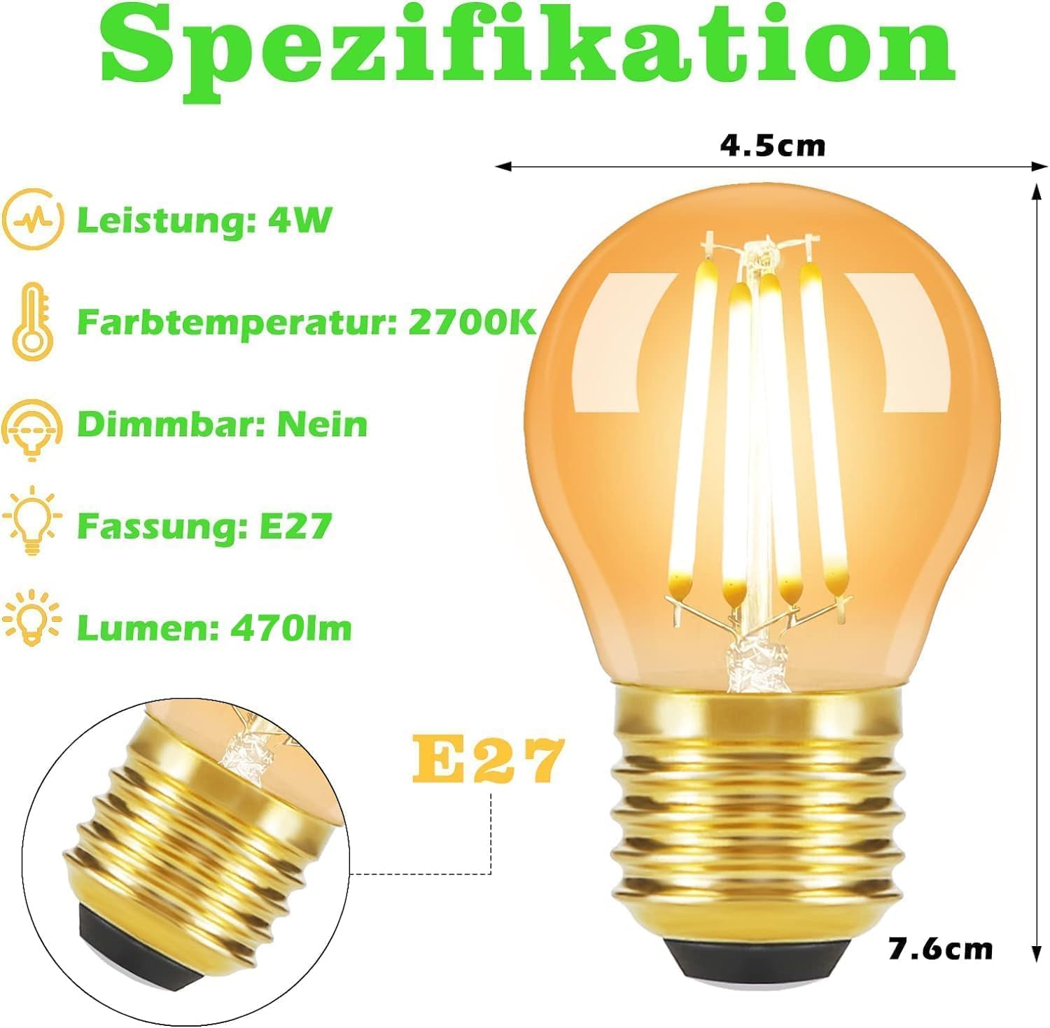 Eine orangefarbene Glühbirne mit Spezifikationen wie Leistung, Farbtemperatur, Dimmbarkeit und Abmessungen. Text auf Deutsch ist ebenfalls vorhanden.