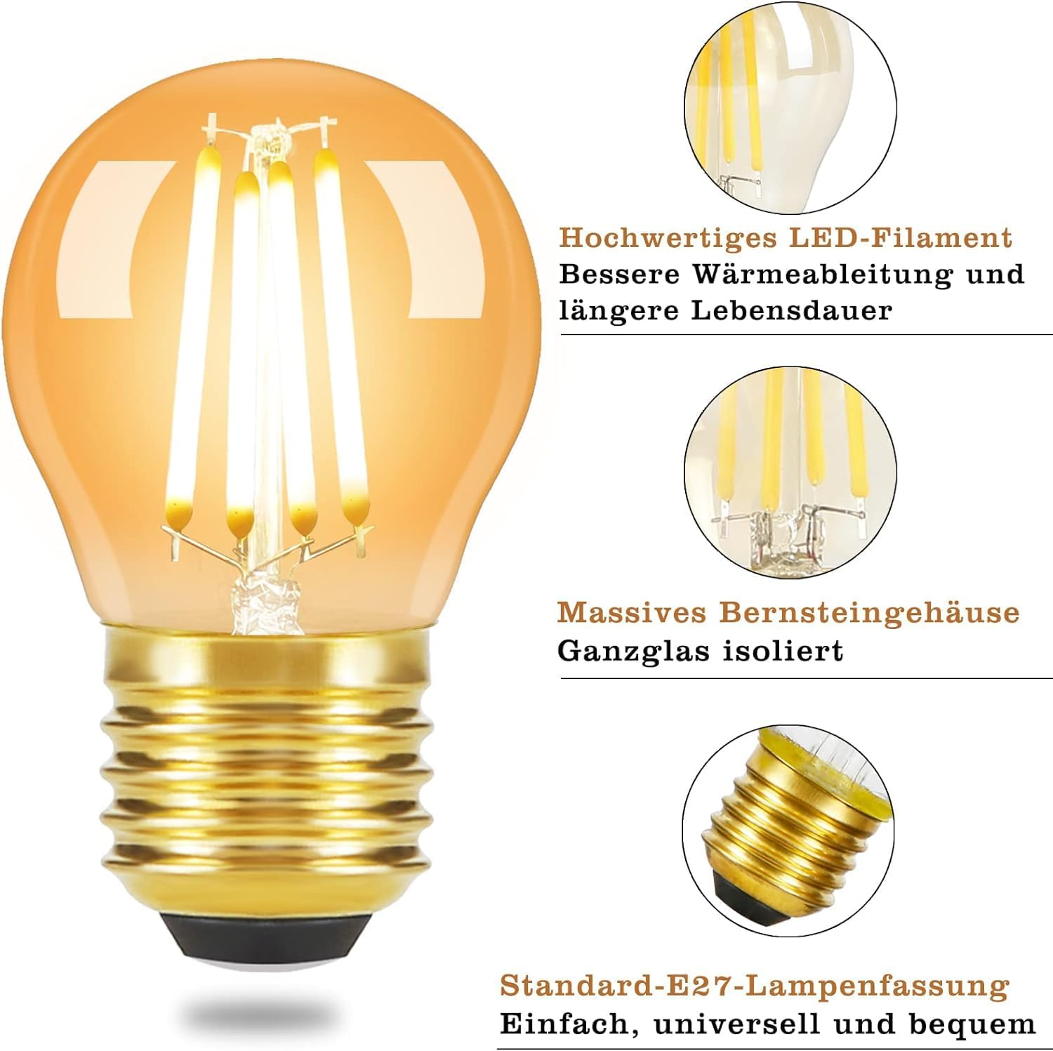 Eine bernsteinfarbene LED-Glühbirne mit goldenem Sockel. Das Bild enthält auch Nahaufnahmen der Eigenschaften der Glühbirne.