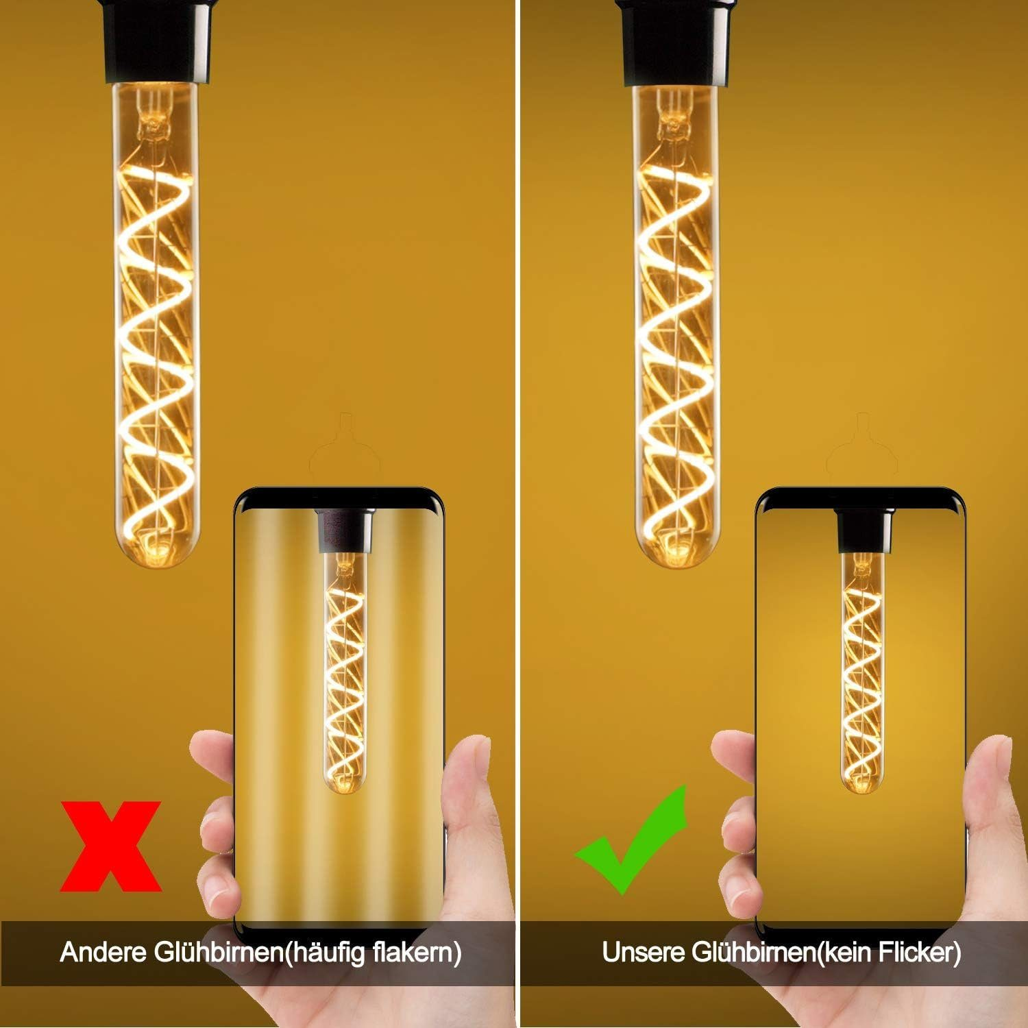 Pokazano dwie żarówki z włóknami spiralnymi. Jedna jest oznaczona czerwonym X, a druga zielonym znakiem wyboru.