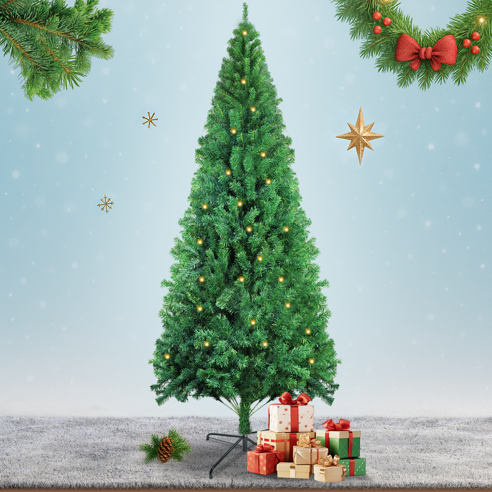 Ein dekorierter Weihnachtsbaum mit Geschenken darunter, Stern, Schmuck und verschneitem Hintergrund.