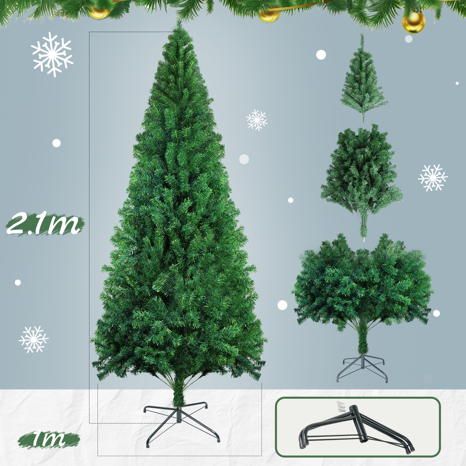 Ein grüner künstlicher Weihnachtsbaum, 2,1 m hoch, mit drei kleineren Bäumen und einem Ständer auf hellblauem Hintergrund.