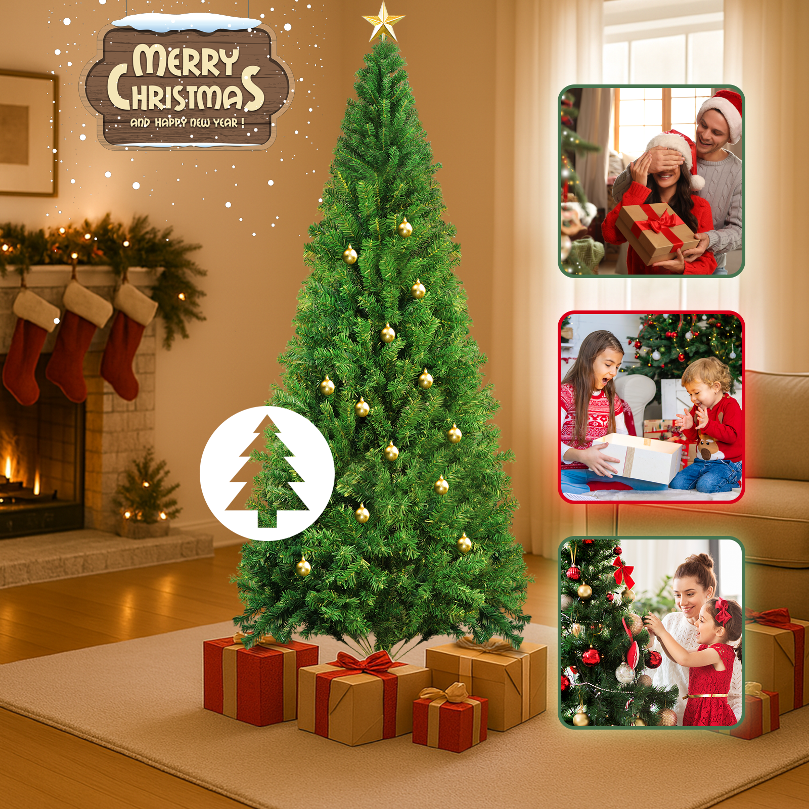 Ein geschmückter Weihnachtsbaum mit Geschenken, einem Kamin und Menschen, die Geschenke auspacken, sind sichtbar.