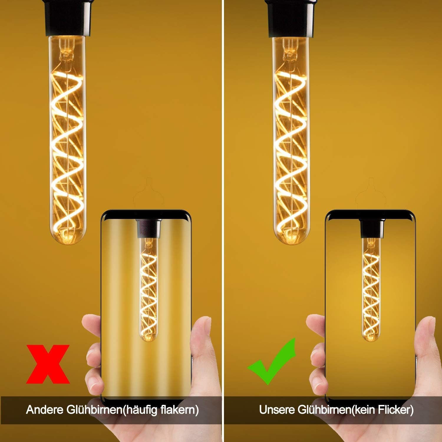 Obraz przedstawia dwie lampy, jedna z czerwonym X i tekstem wskazującym migotanie. Druga z zielonym znakiem wyboru, tekst mówi bez migotania.