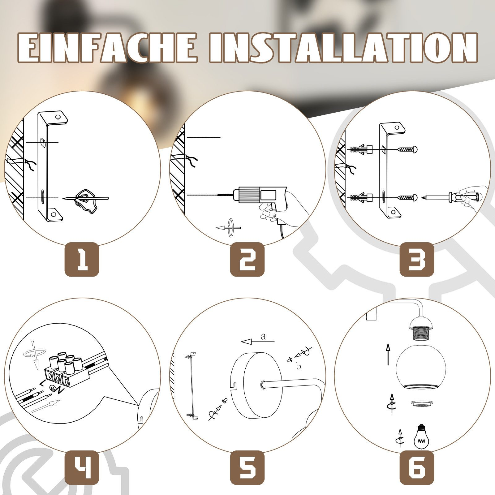 Instrukcja instalacji pokazuje kroki instalacji oprawy: znakowanie, wiercenie, montaż, okablowanie i mocowanie lampy.