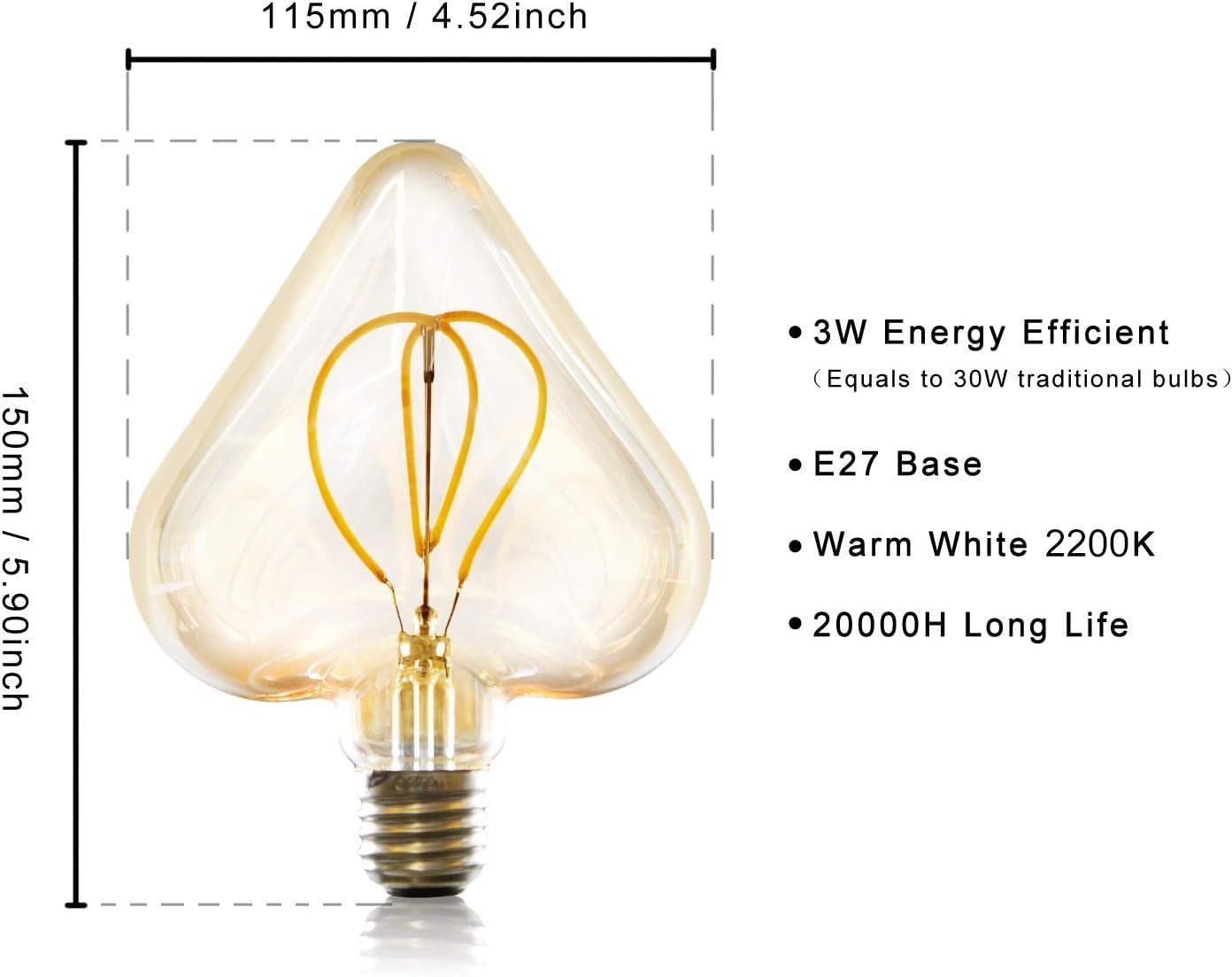 Żarówka w kształcie serca. Wymiary są pokazane. Cechy: 3W, trzonek E27, ciepła biel i 20000H żywotności.