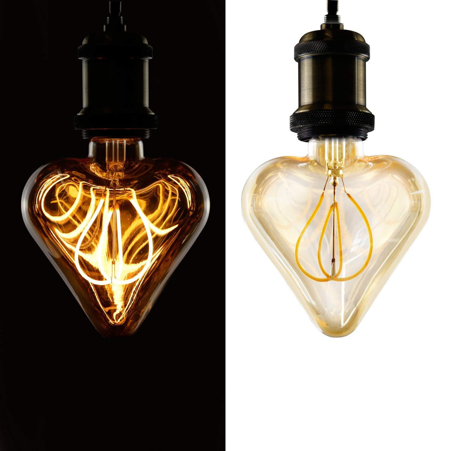 Dwie żarówki w kształcie serca. Jedna zapalona na czarnym tle, druga zgaszona na białym tle. Obie mają metalowe oprawy.