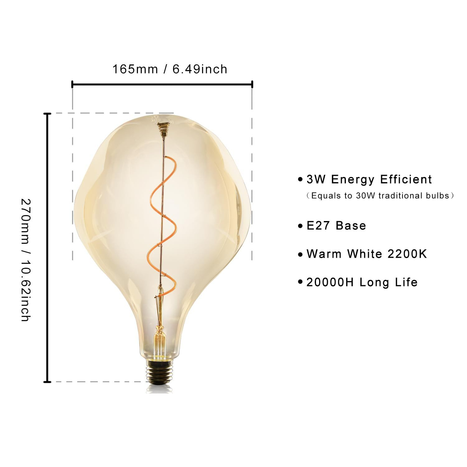Una lampadina grande, dai toni caldi, con dimensioni e specifiche. Mette in risalto l'efficienza energetica, il tipo di base, la temperatura colore e la durata.