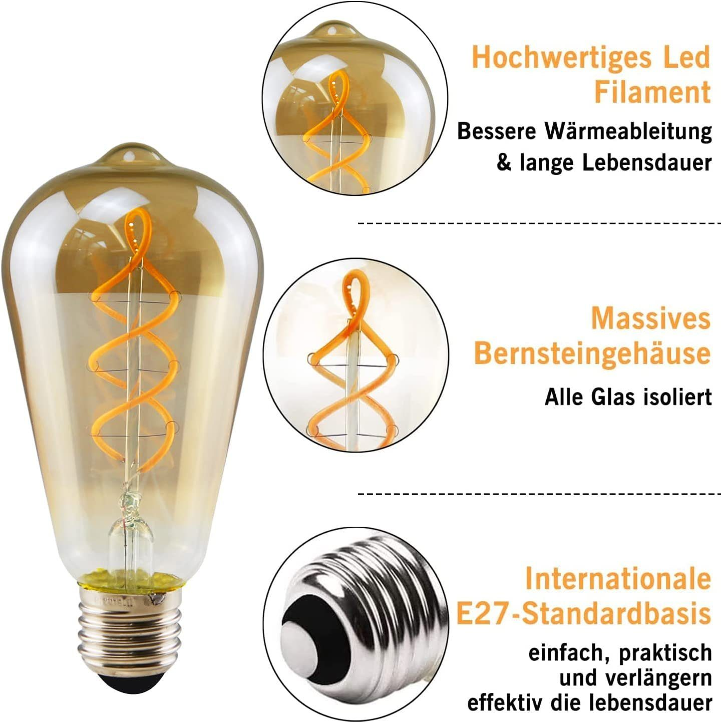 Bursztynowa żarówka LED. Ma spiralny żarnik i metalową podstawę. Tekst wskazuje na wysoką jakość i długą żywotność.