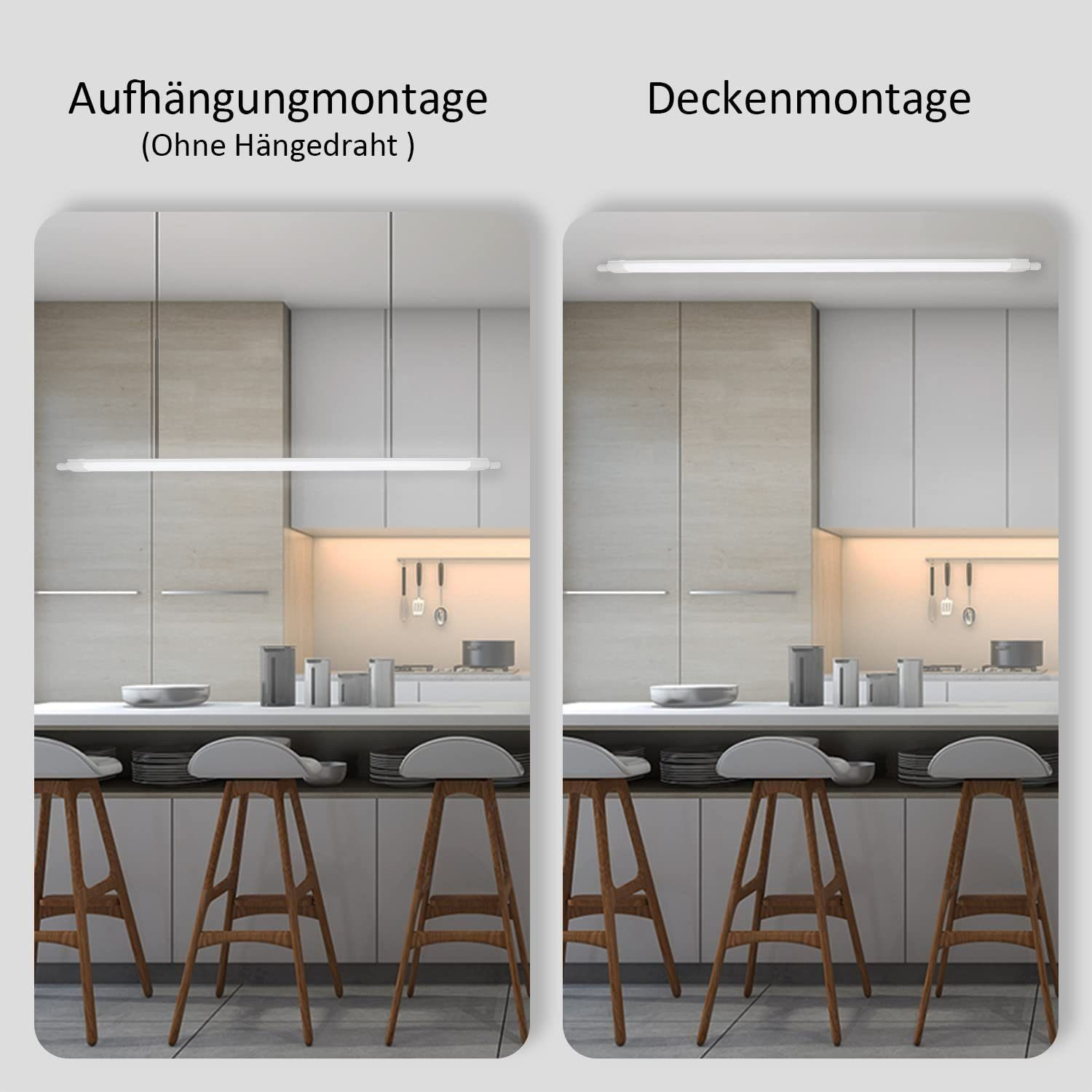 Scena kuchenna z dwiema opcjami montażu liniowej oprawy oświetleniowej. Zawiera szafki, blat z hokerami.