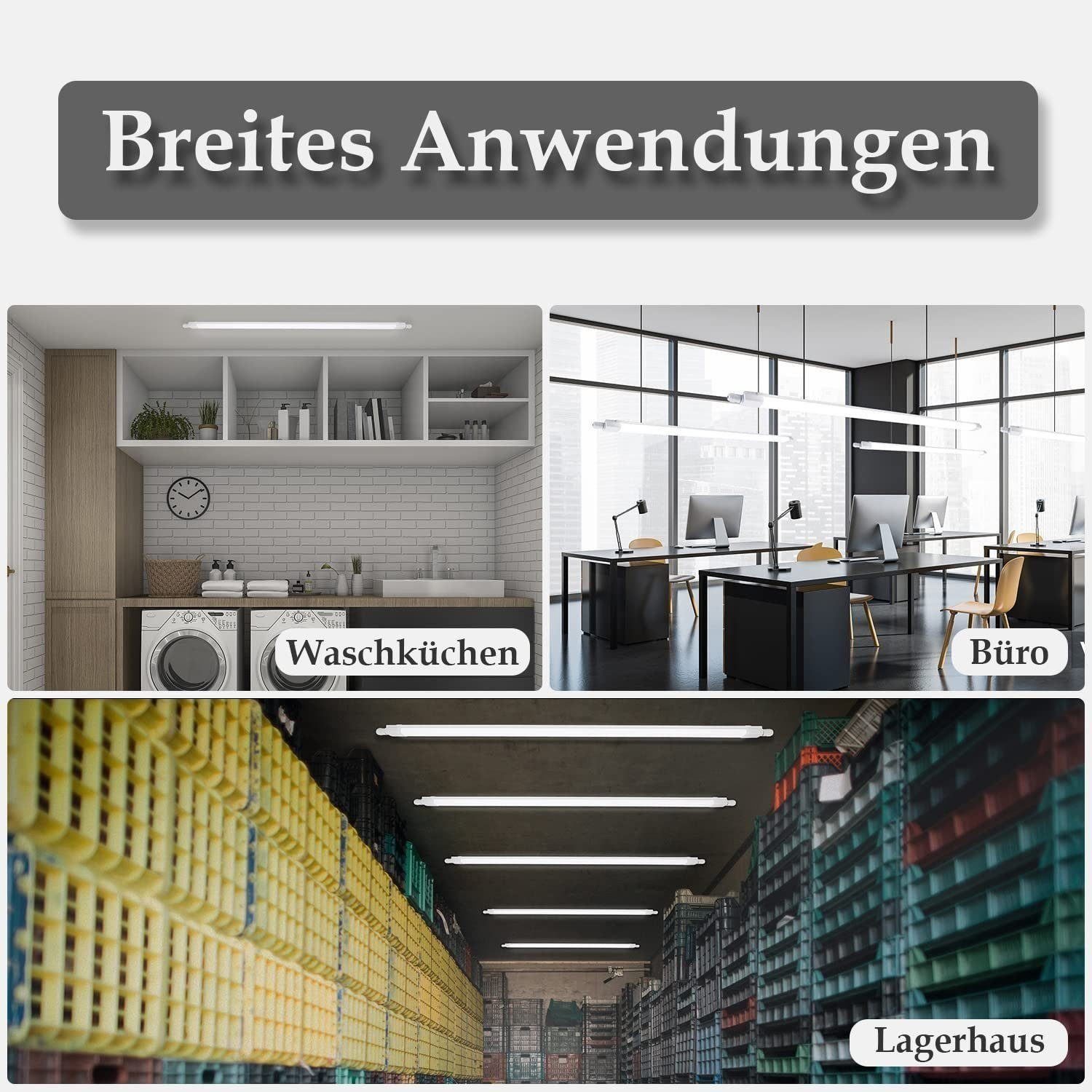 Obraz przedstawia różne zastosowania oświetlenia w pralni, biurze i magazynie, z etykietami w języku niemieckim.